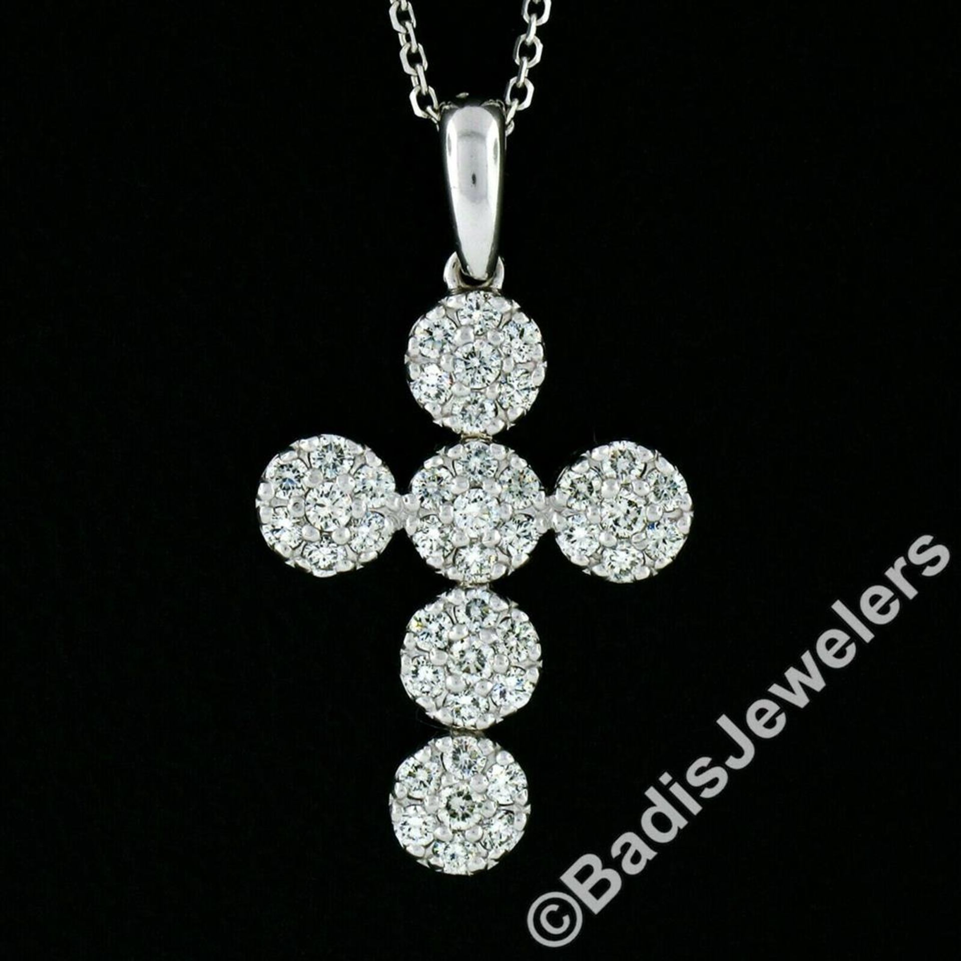 New 14kt White Gold 0.85 ctw Ideal Cut Diamond Multi Circle Cluster Cross Pendan - Image 2 of 7