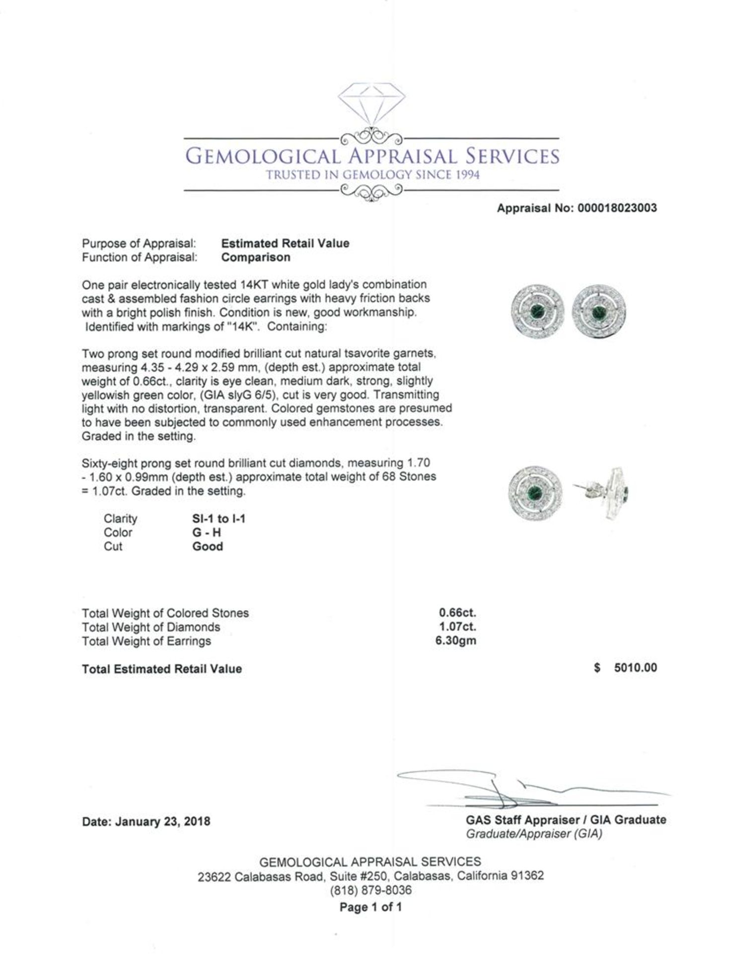 1.73 ctw Round Brilliant Tsavorite Garnets And Round Brilliant Cut Diamond Earri - Image 3 of 3