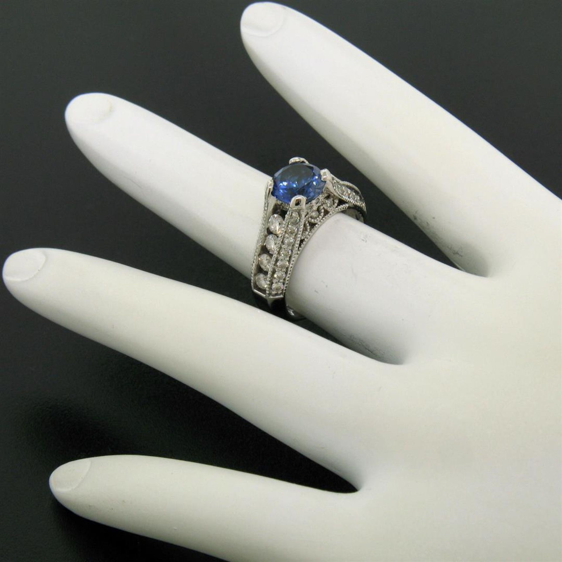 14k White Gold 2.50 ctw FINE Tanzanite Solitaire Round Diamond Open Milgrain Rin - Image 8 of 9