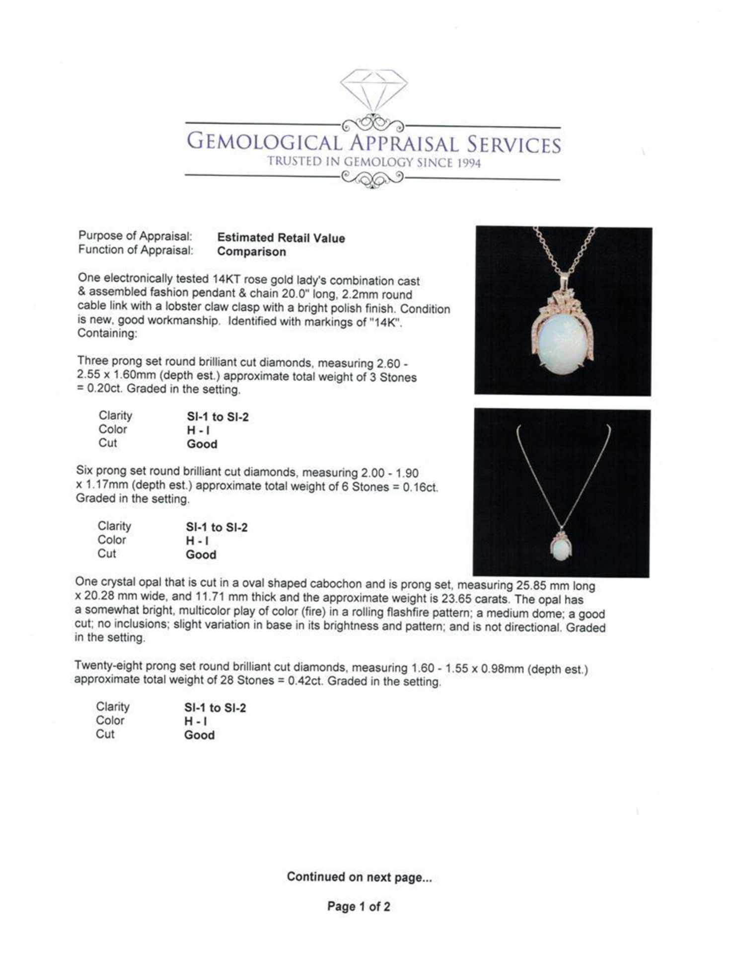 23.65 ctw Opal and Diamond Pendant With Chain - 14KT Rose Gold - Image 3 of 4