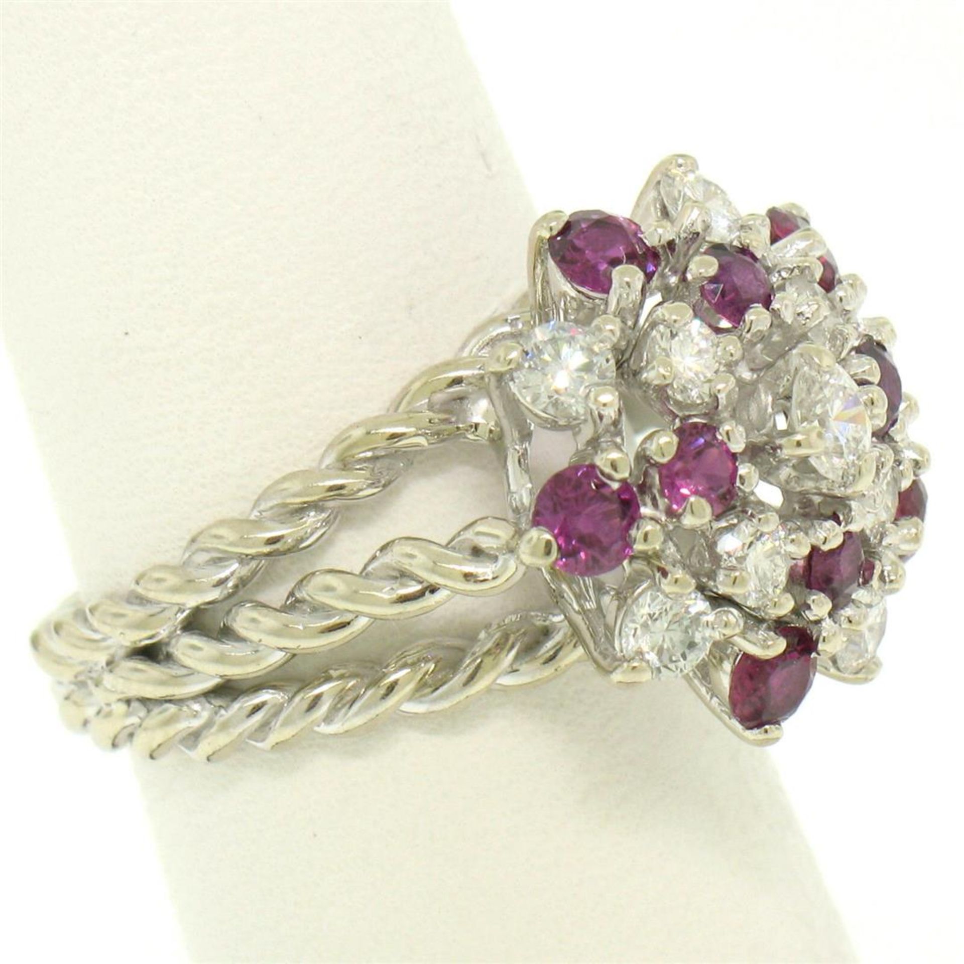 14K White Gold 2.10 ctw Diamond & Ruby Cluster Daisy Twisted Wire Cocktail Ring - Image 2 of 9