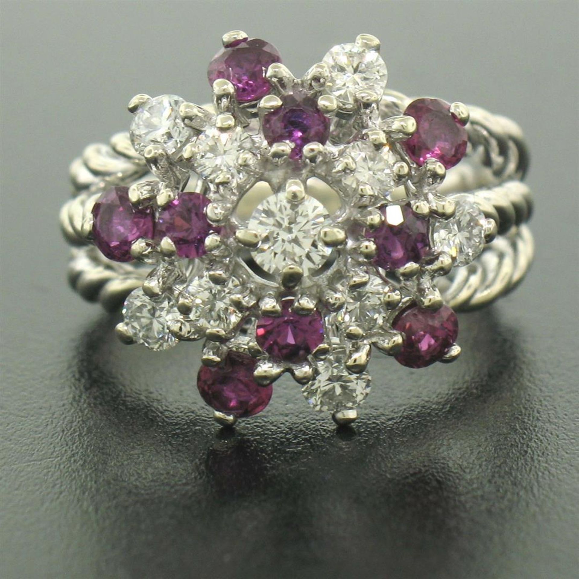 14K White Gold 2.10 ctw Diamond & Ruby Cluster Daisy Twisted Wire Cocktail Ring - Image 7 of 9