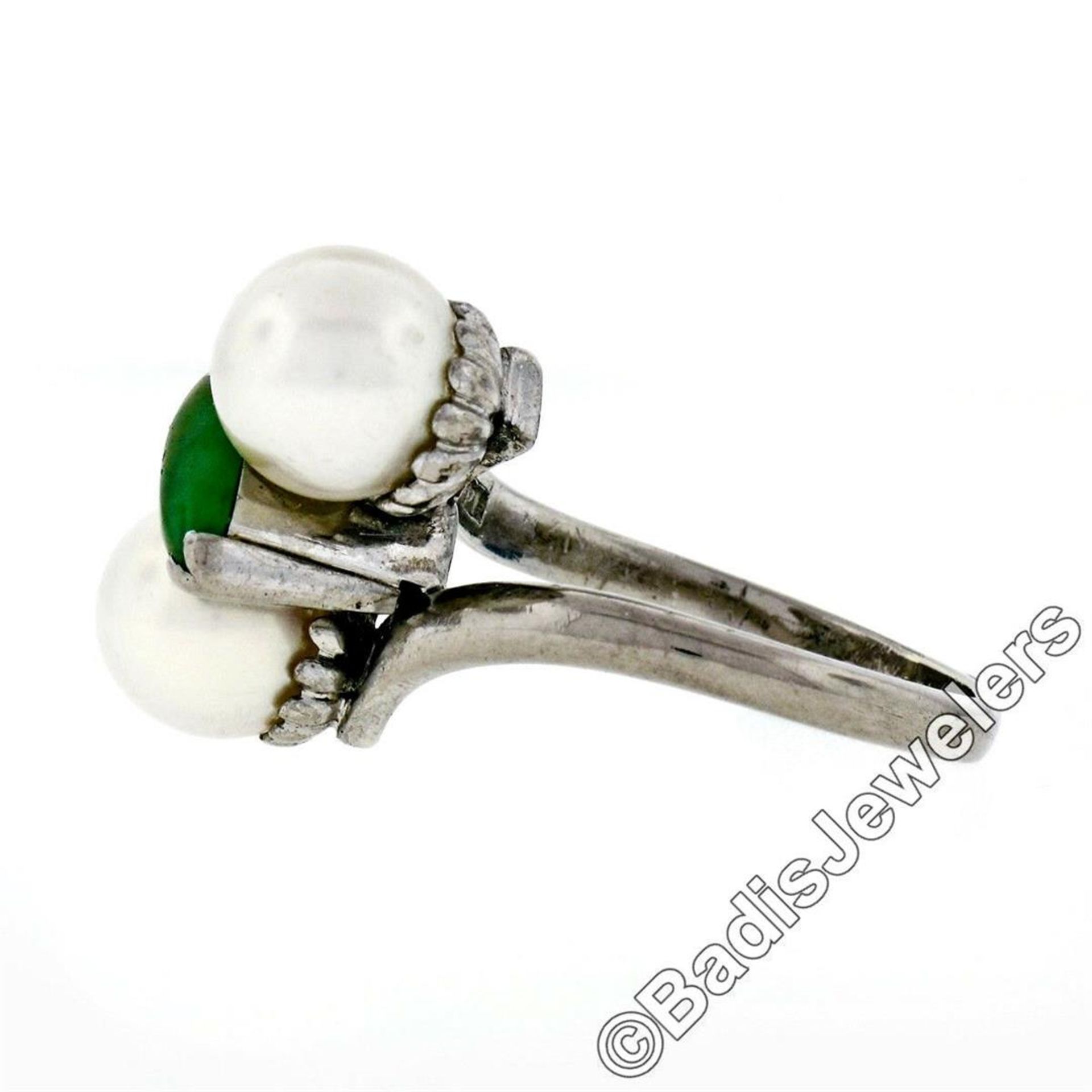 Vintage 14kt White Gold 8.35mm Round Pearl Marquise Cut Jade Bypass Ring - Image 5 of 7