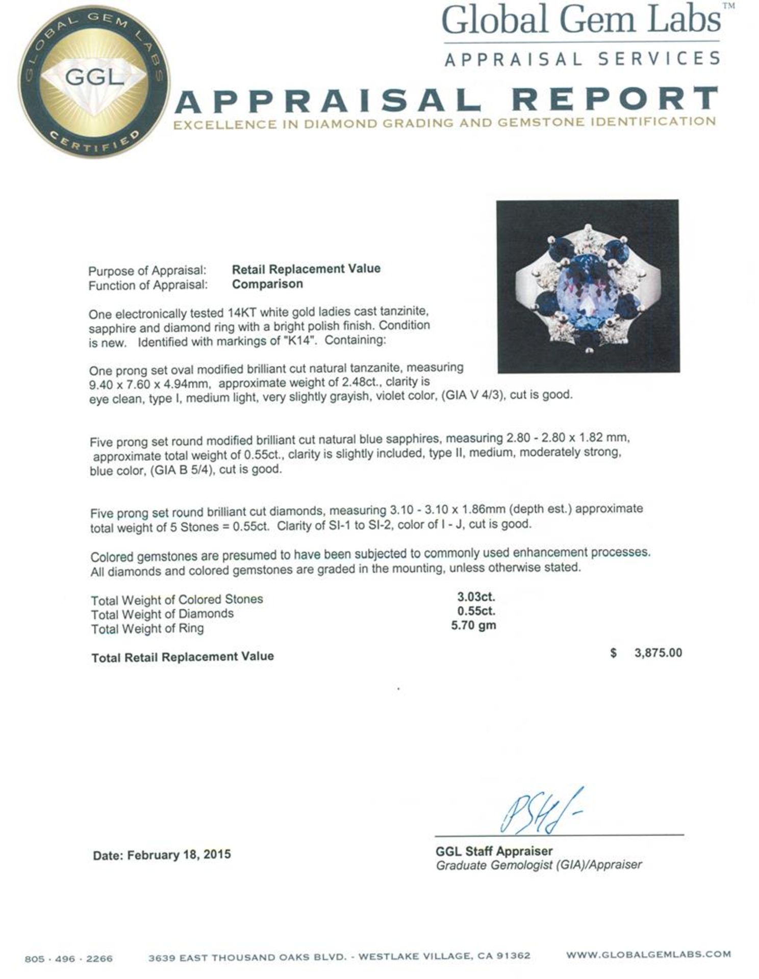 14KT White Gold 2.48 ctw Tanzanite, Sapphire and Diamond Ring - Image 5 of 5