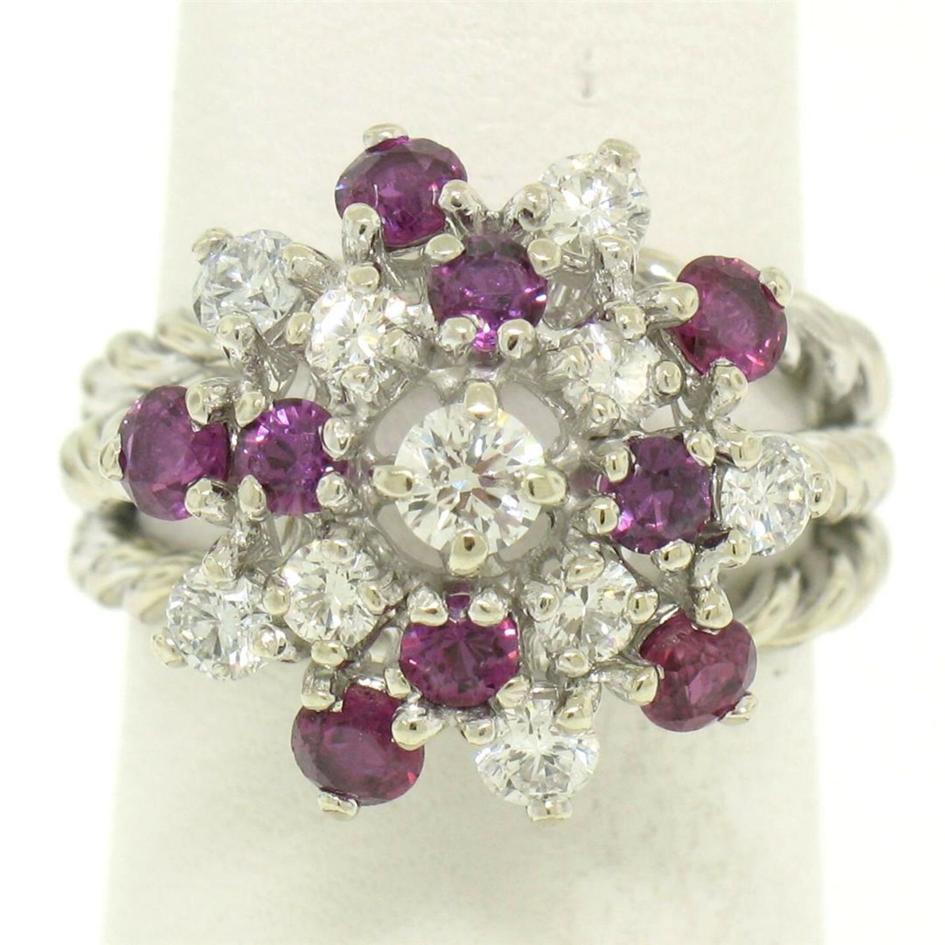 14K White Gold 2.10 ctw Diamond & Ruby Cluster Daisy Twisted Wire Cocktail Ring - Image 6 of 9