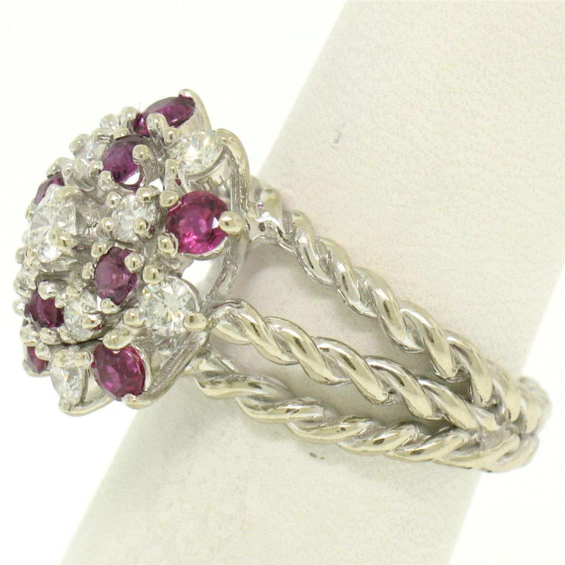 14K White Gold 2.10 ctw Diamond & Ruby Cluster Daisy Twisted Wire Cocktail Ring - Image 3 of 9