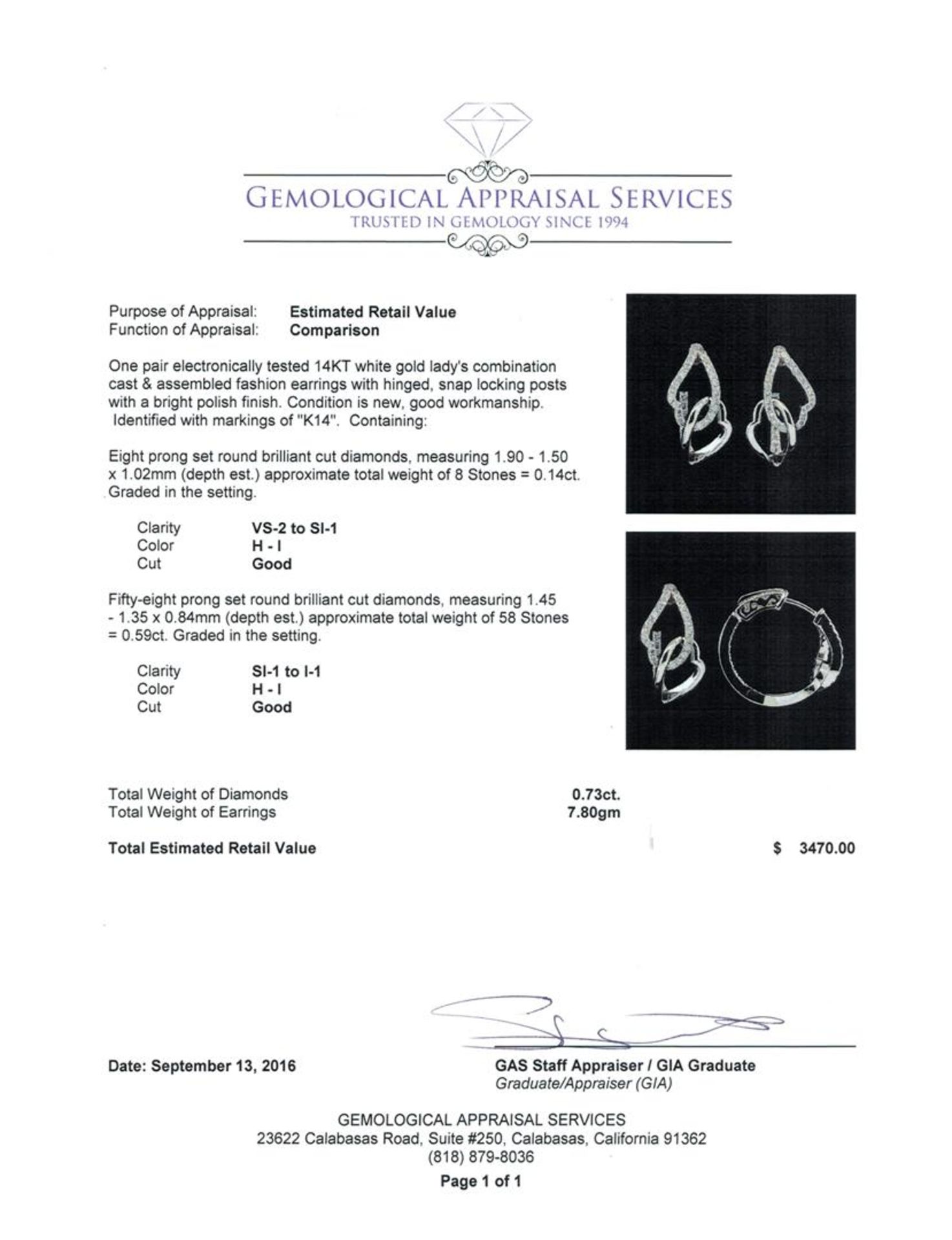 0.73 ctw Diamond Earrings - 14KT White Gold - Image 3 of 3