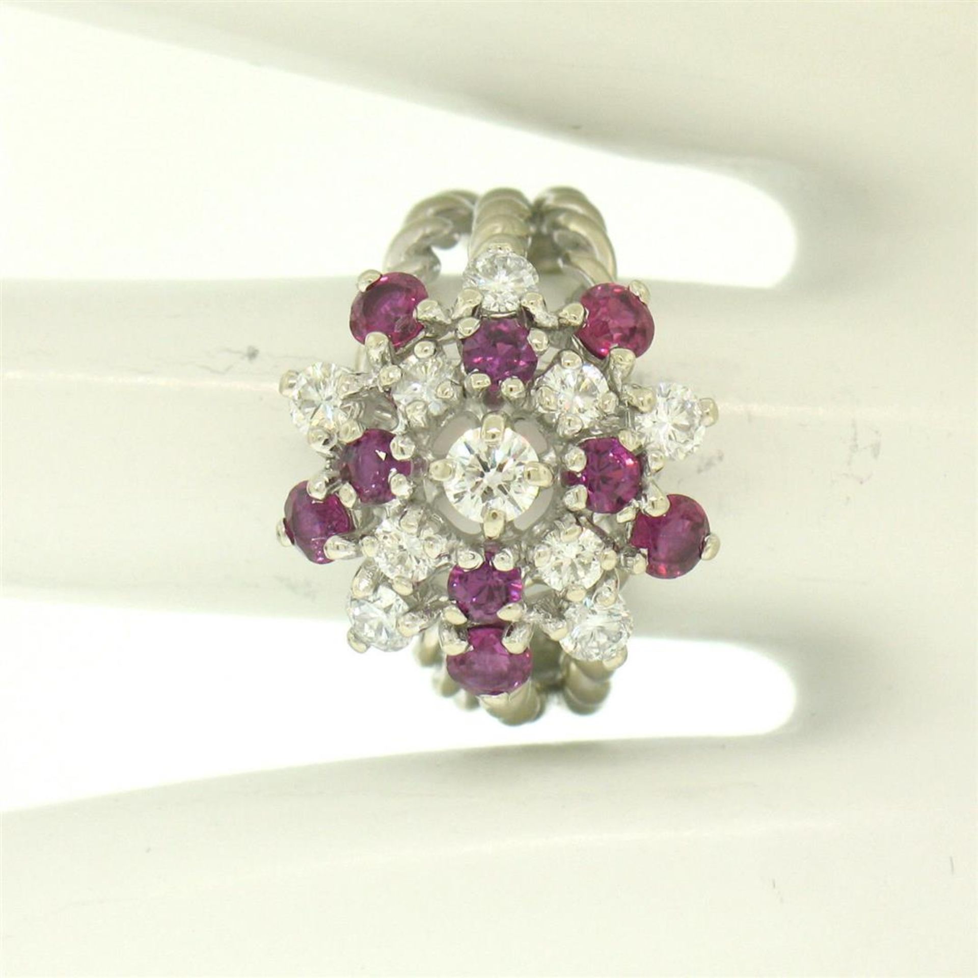 14K White Gold 2.10 ctw Diamond & Ruby Cluster Daisy Twisted Wire Cocktail Ring - Image 9 of 9