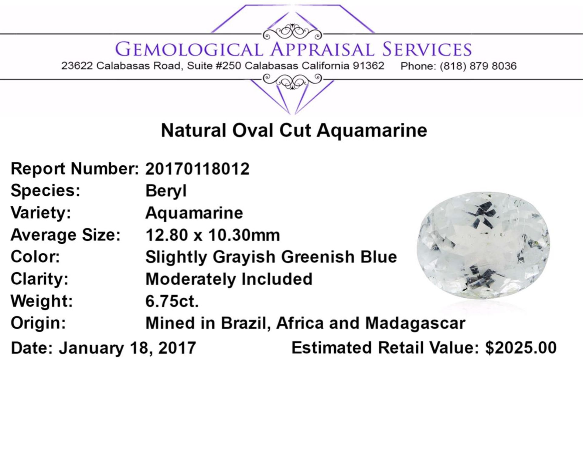 6.75 ct.Natural Oval Cut Aquamarine - Image 2 of 2