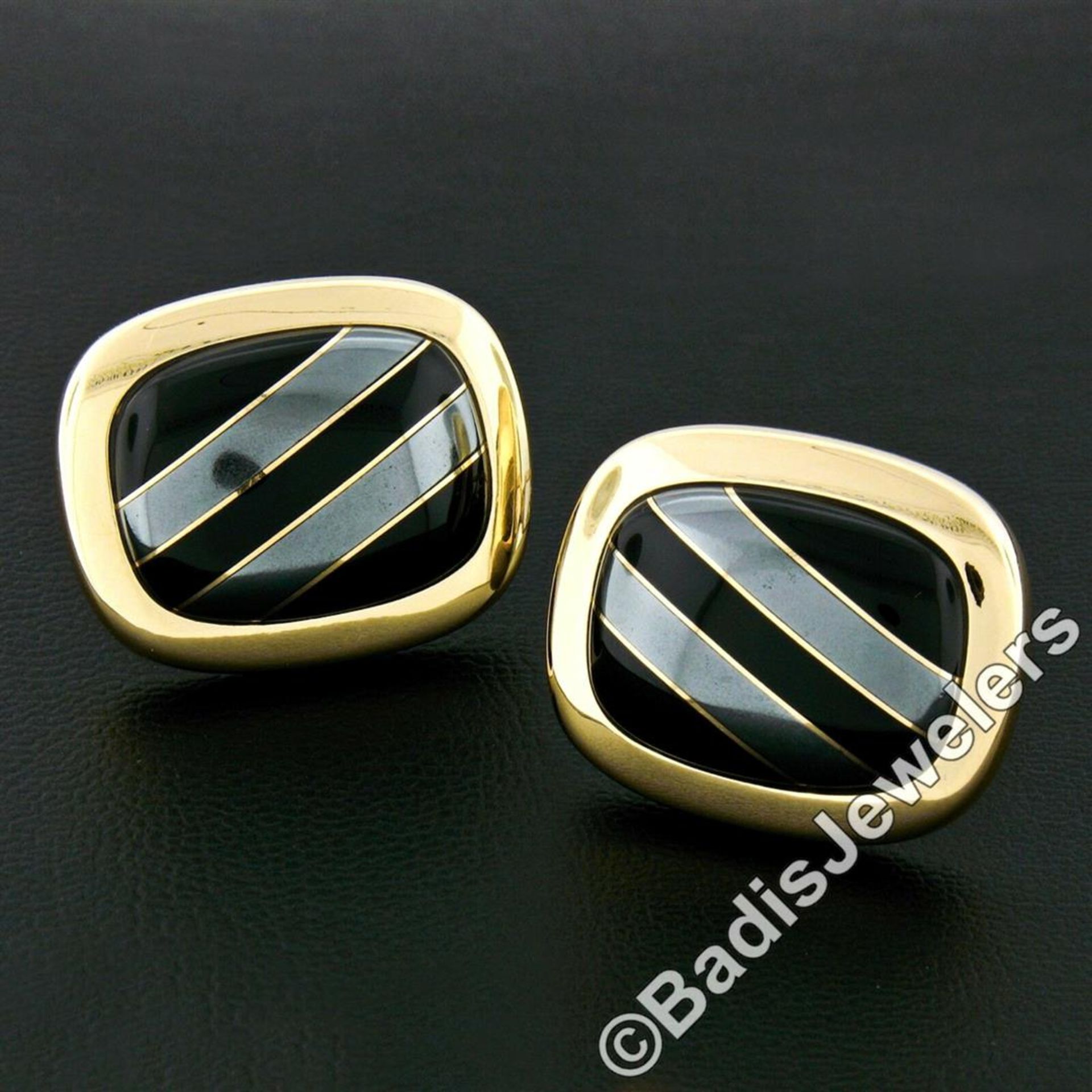 Vintage 14kt Yellow Gold Swivel Cuff Links w/ Hematite Inlaid in Black Onyx - Image 2 of 6