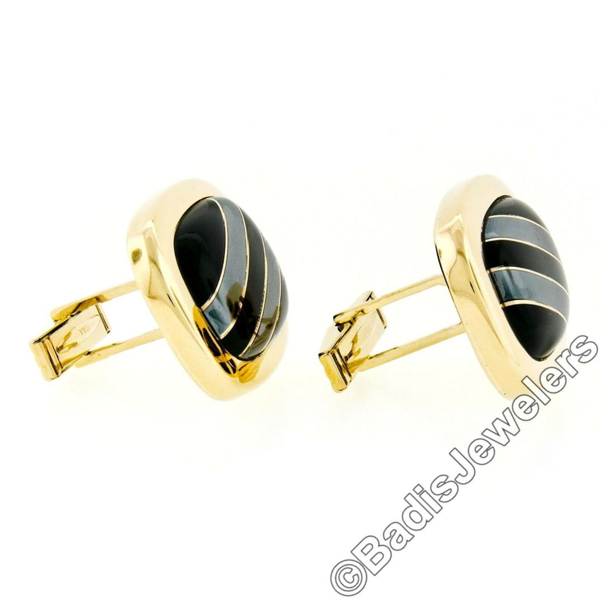 Vintage 14kt Yellow Gold Swivel Cuff Links w/ Hematite Inlaid in Black Onyx - Image 4 of 6