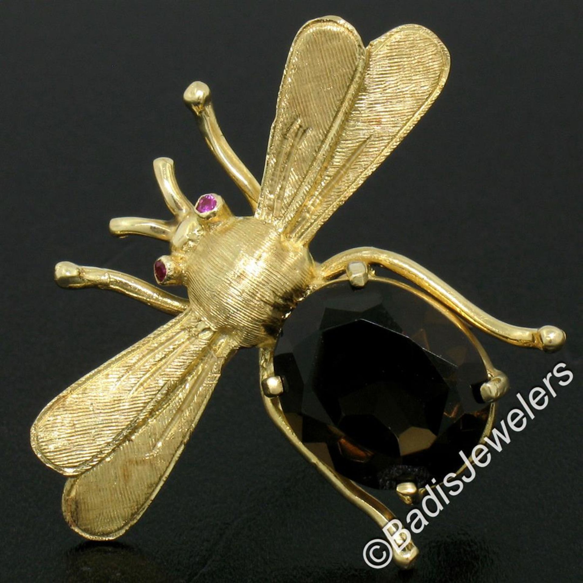 Vintage 14kt Yellow Gold 6.04 ctw Smokey Topaz and Ruby Fly Brooch Pin - Image 4 of 7