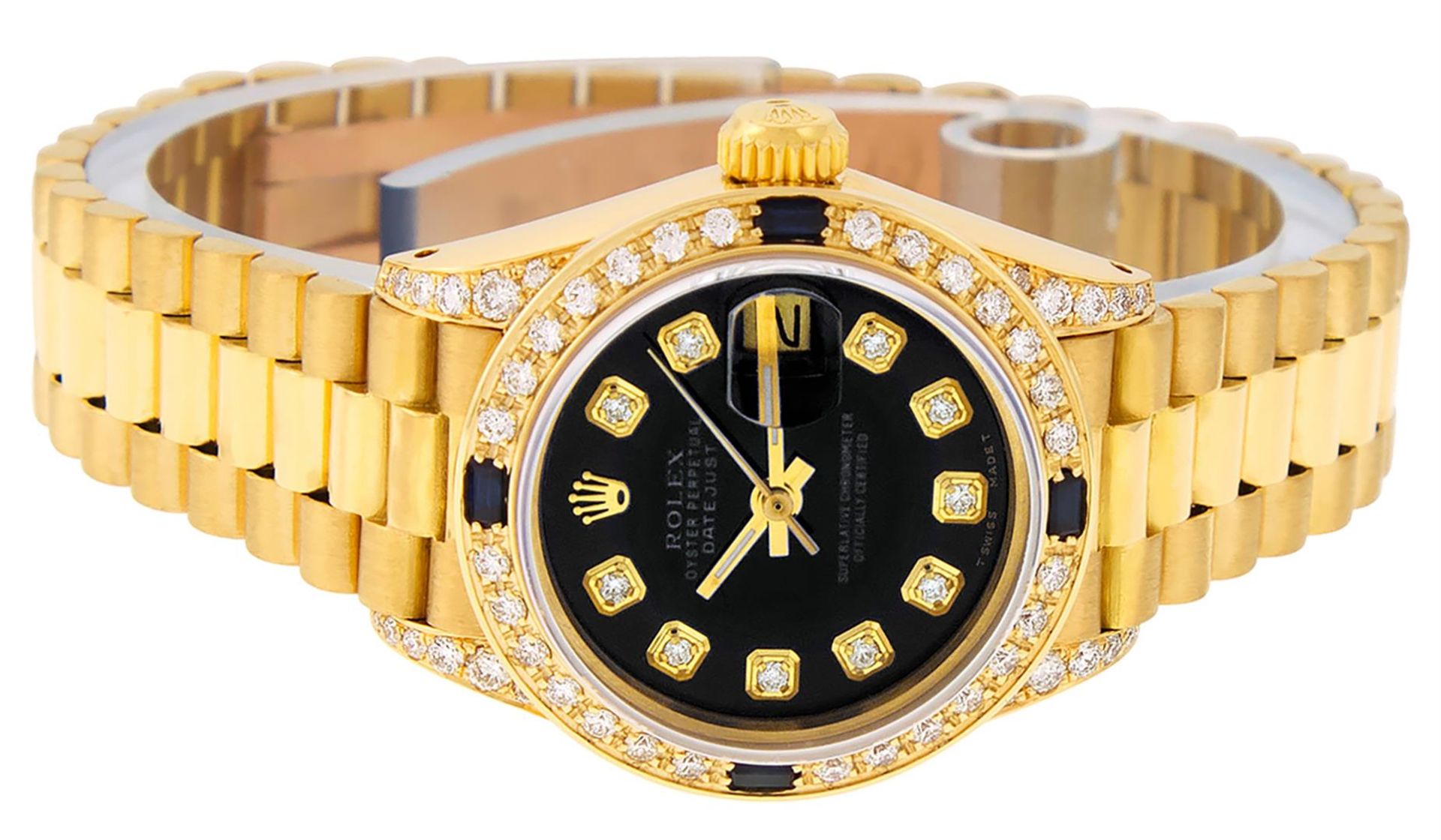 Rolex Ladies 18K Yellow Gold Black Diamond And Sapphire President Wristwatch Wit - Image 4 of 9