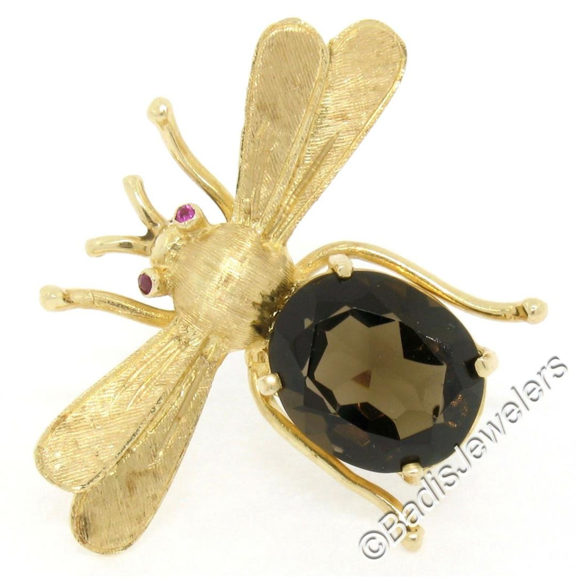 Vintage 14kt Yellow Gold 6.04 ctw Smokey Topaz and Ruby Fly Brooch Pin - Image 2 of 7