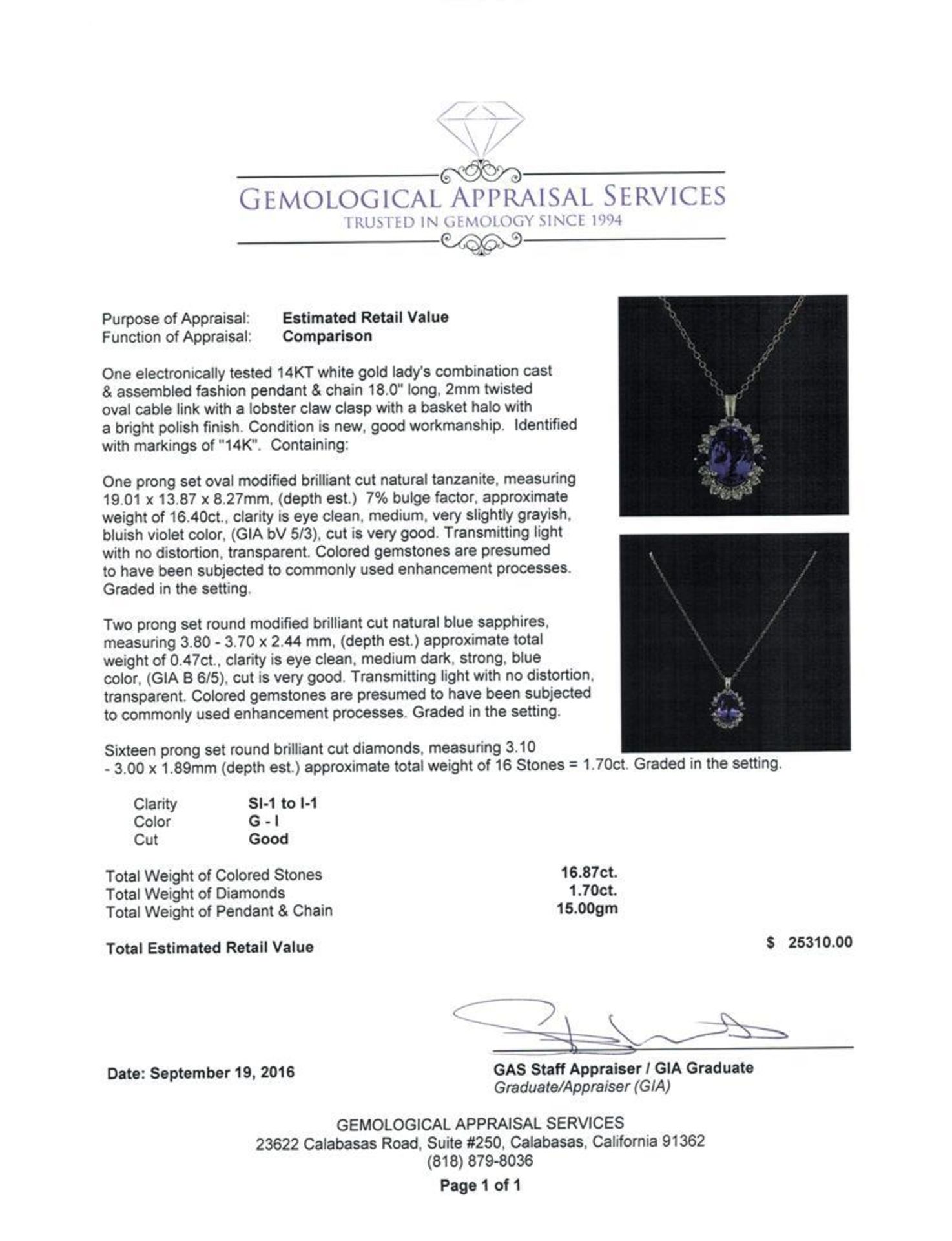 16.40 ctw Tanzanite, Sapphire, and Diamond Pendant With Chain - 14KT White Gold - Image 3 of 3