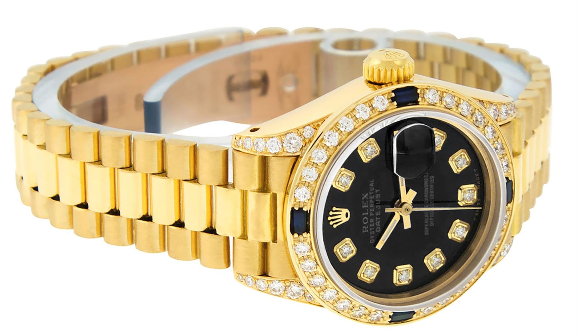 Rolex Ladies 18K Yellow Gold Black Diamond And Sapphire President Wristwatch Wit - Image 2 of 9