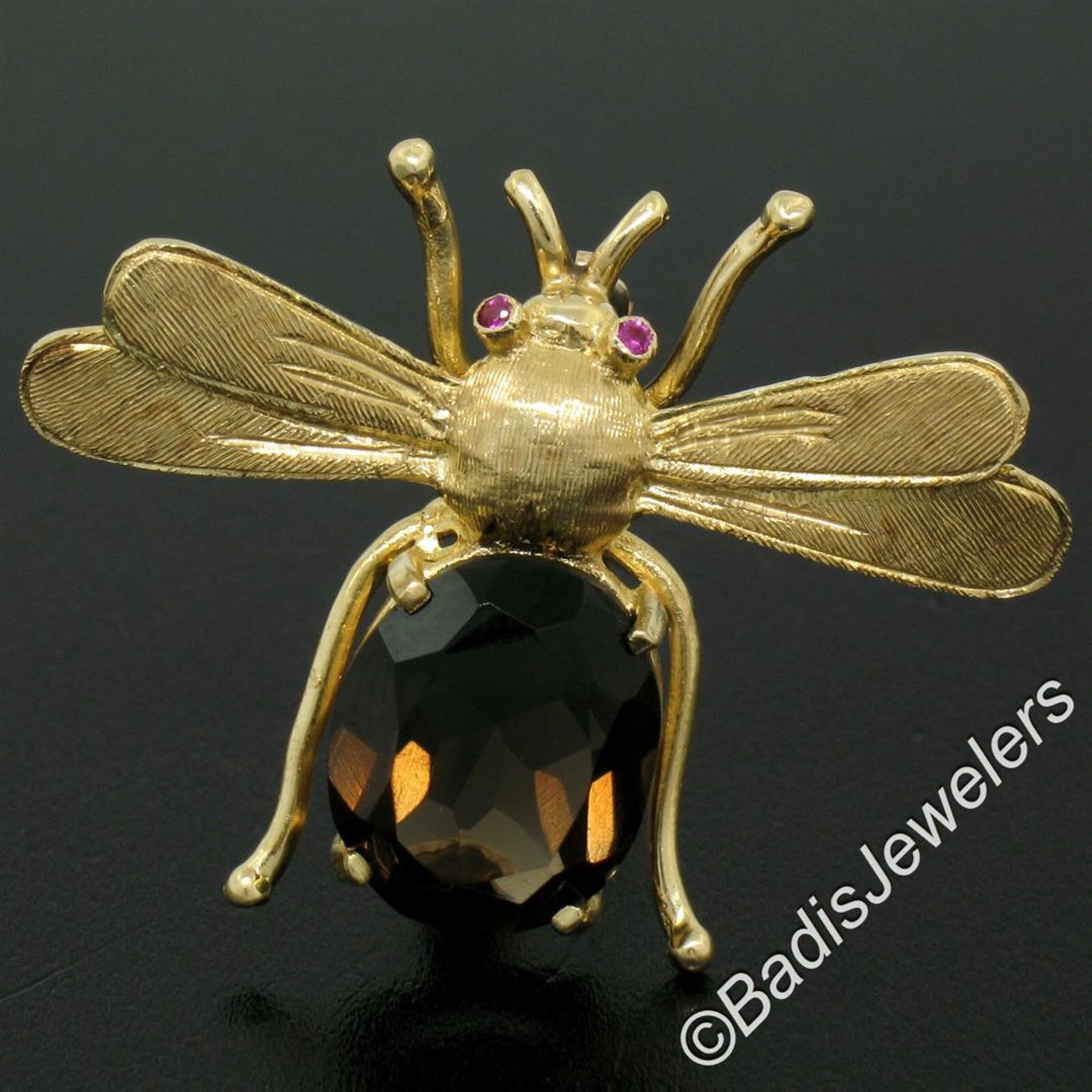 Vintage 14kt Yellow Gold 6.04 ctw Smokey Topaz and Ruby Fly Brooch Pin - Image 3 of 7