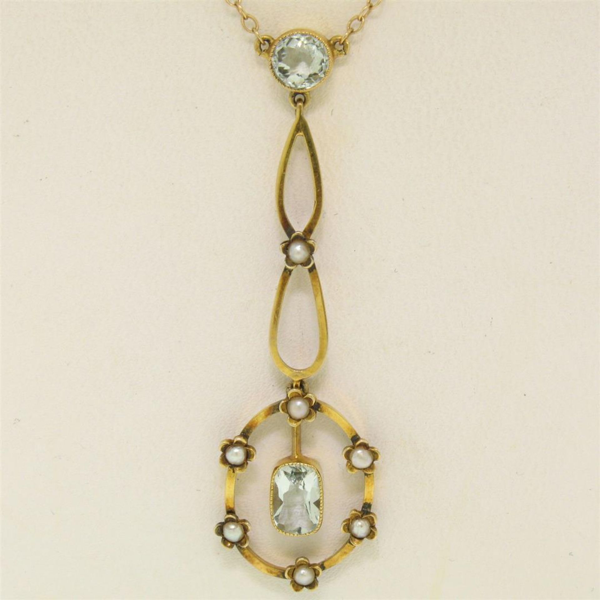 Antique Victorian 10k Yellow Gold Aquamarine Seed Pearl Dangle Pendant Necklace - Image 3 of 9