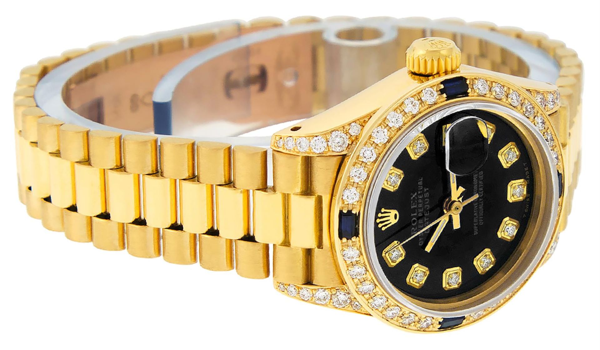 Rolex Ladies 18K Yellow Gold Black Diamond And Sapphire President Wristwatch Wit - Image 3 of 9