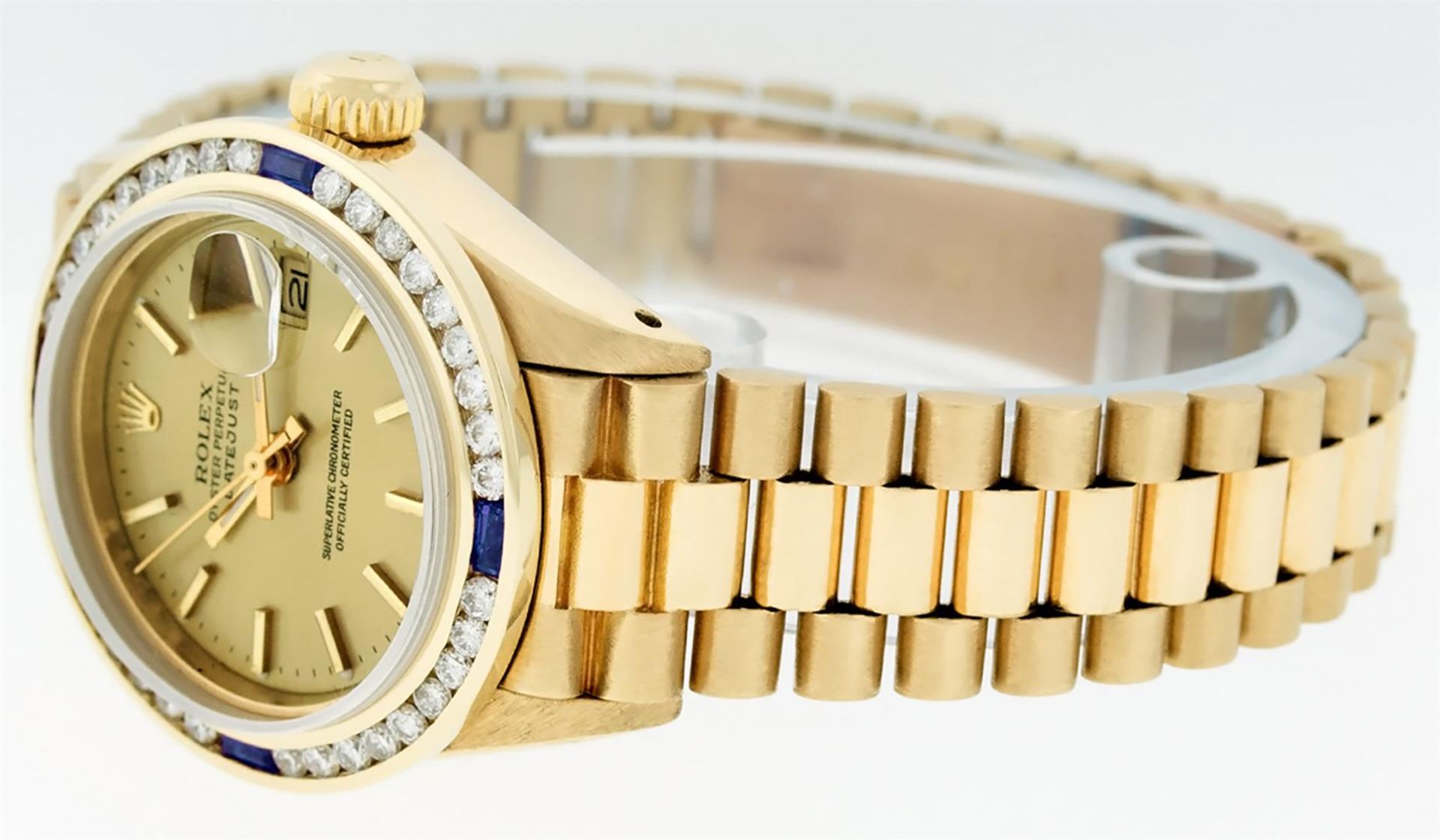 Rolex Ladies 18K Yellow Gold Sapphire And Champagne Index President Wristwatch W - Image 5 of 9