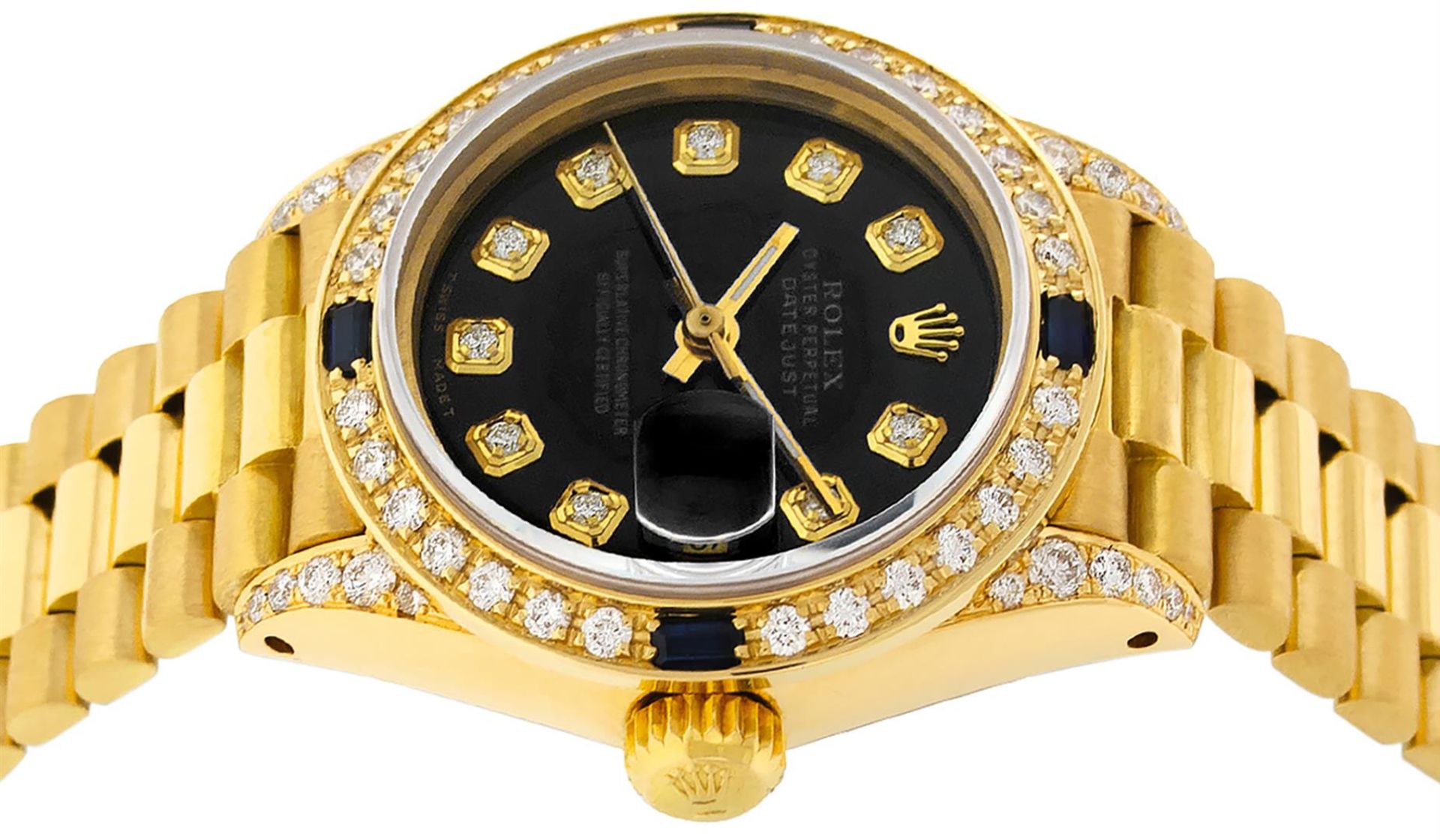 Rolex Ladies 18K Yellow Gold Black Diamond And Sapphire President Wristwatch Wit - Image 6 of 9