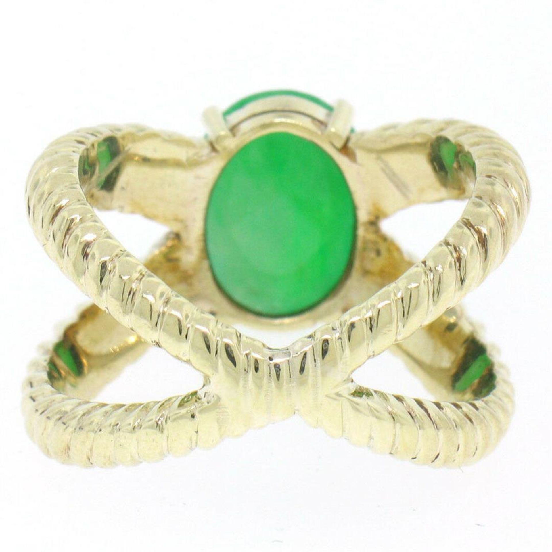 14k Solid Gold Open Twisted Wire Bands Open Wide Cabochon Green Jade Ring - Image 5 of 5