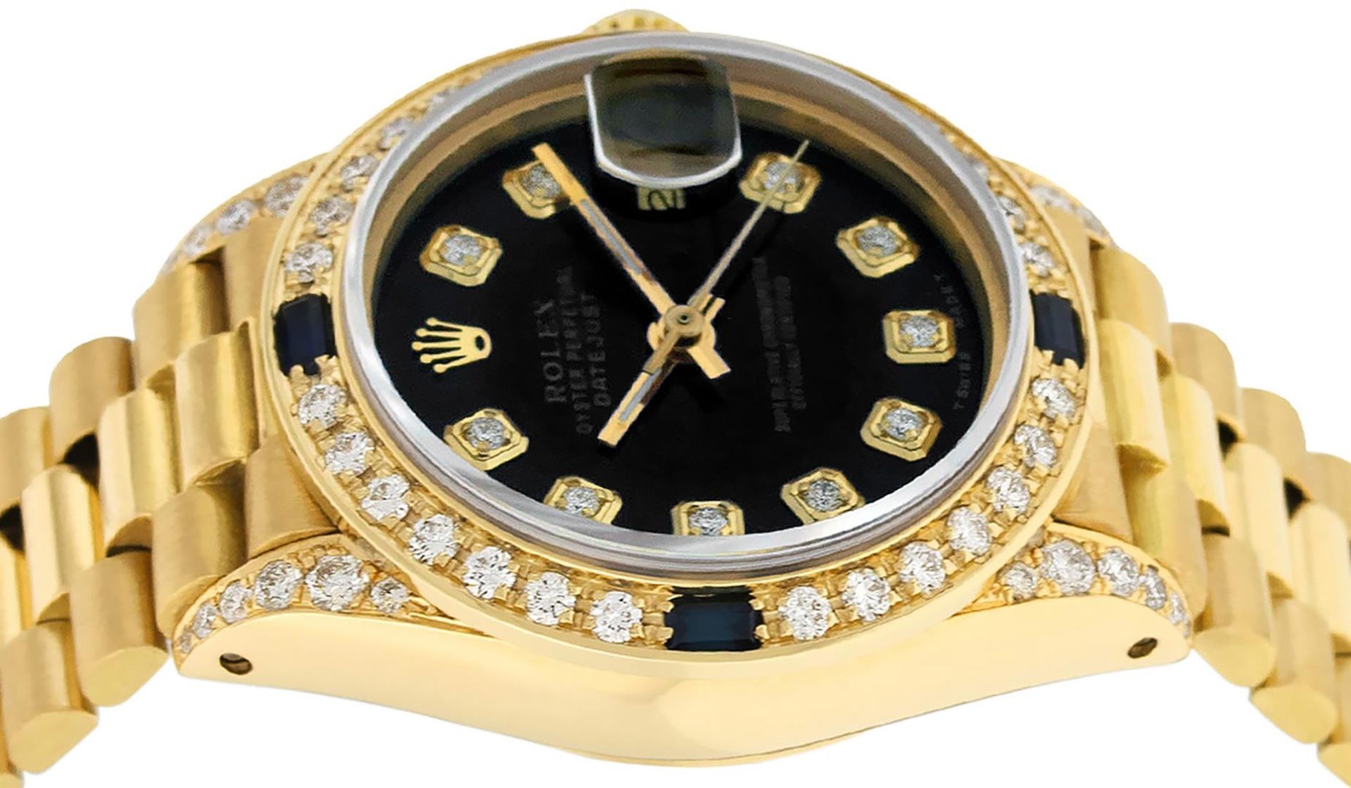 Rolex Ladies 18K Yellow Gold Black Diamond And Sapphire President Wristwatch Wit - Image 7 of 9