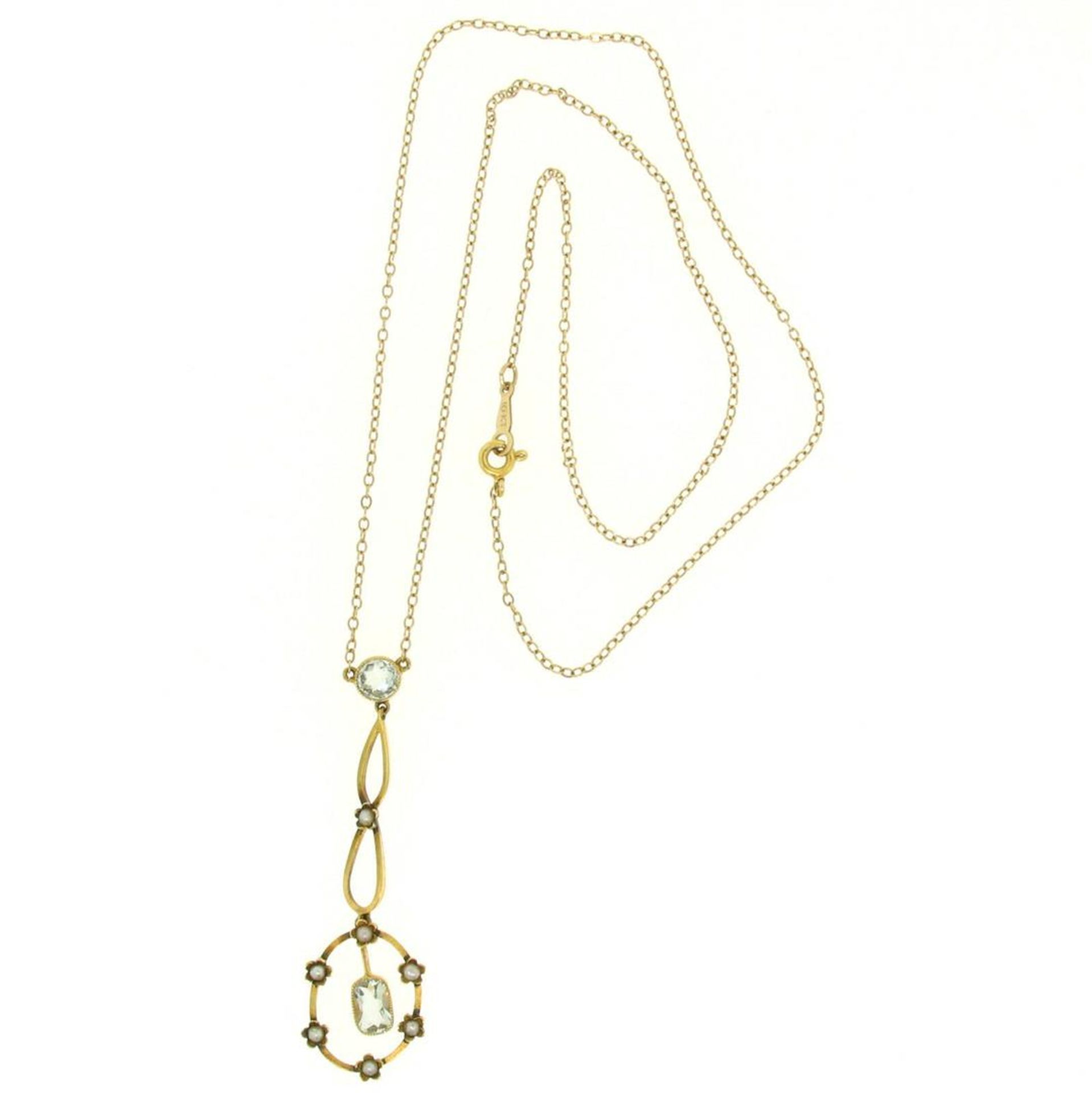 Antique Victorian 10k Yellow Gold Aquamarine Seed Pearl Dangle Pendant Necklace - Image 9 of 9
