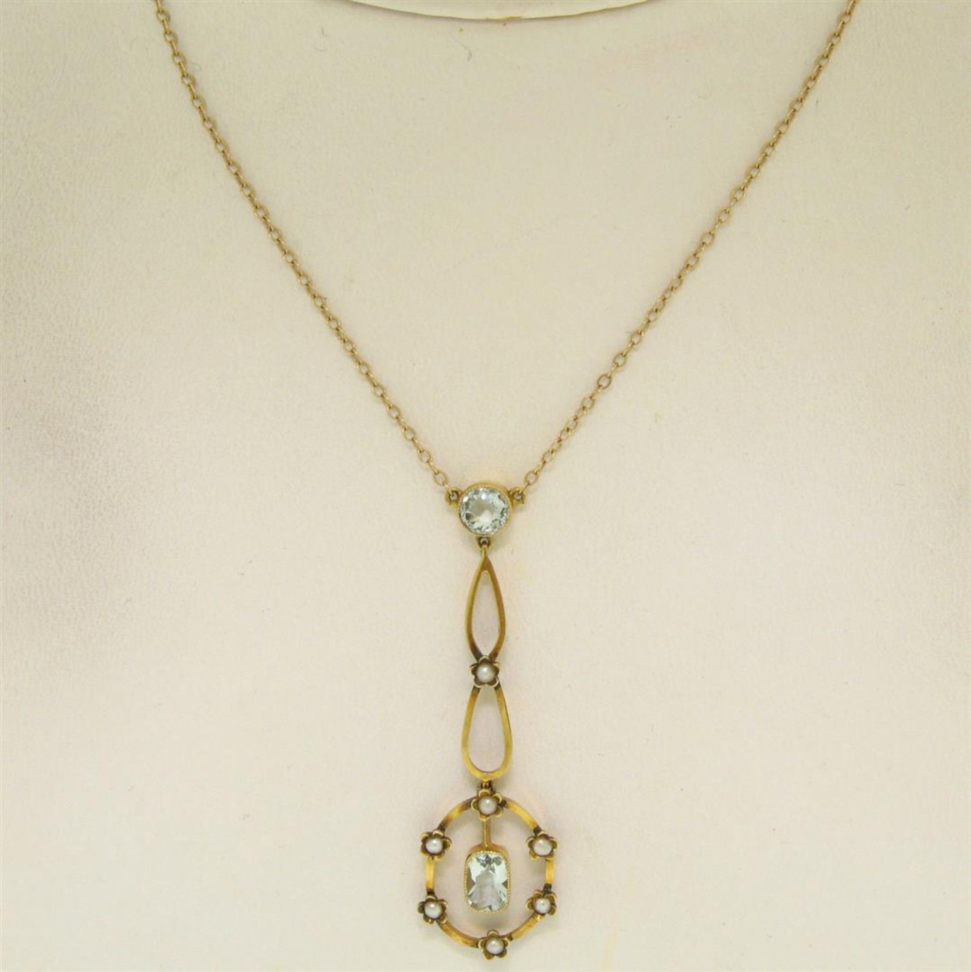 Antique Victorian 10k Yellow Gold Aquamarine Seed Pearl Dangle Pendant Necklace - Image 2 of 9