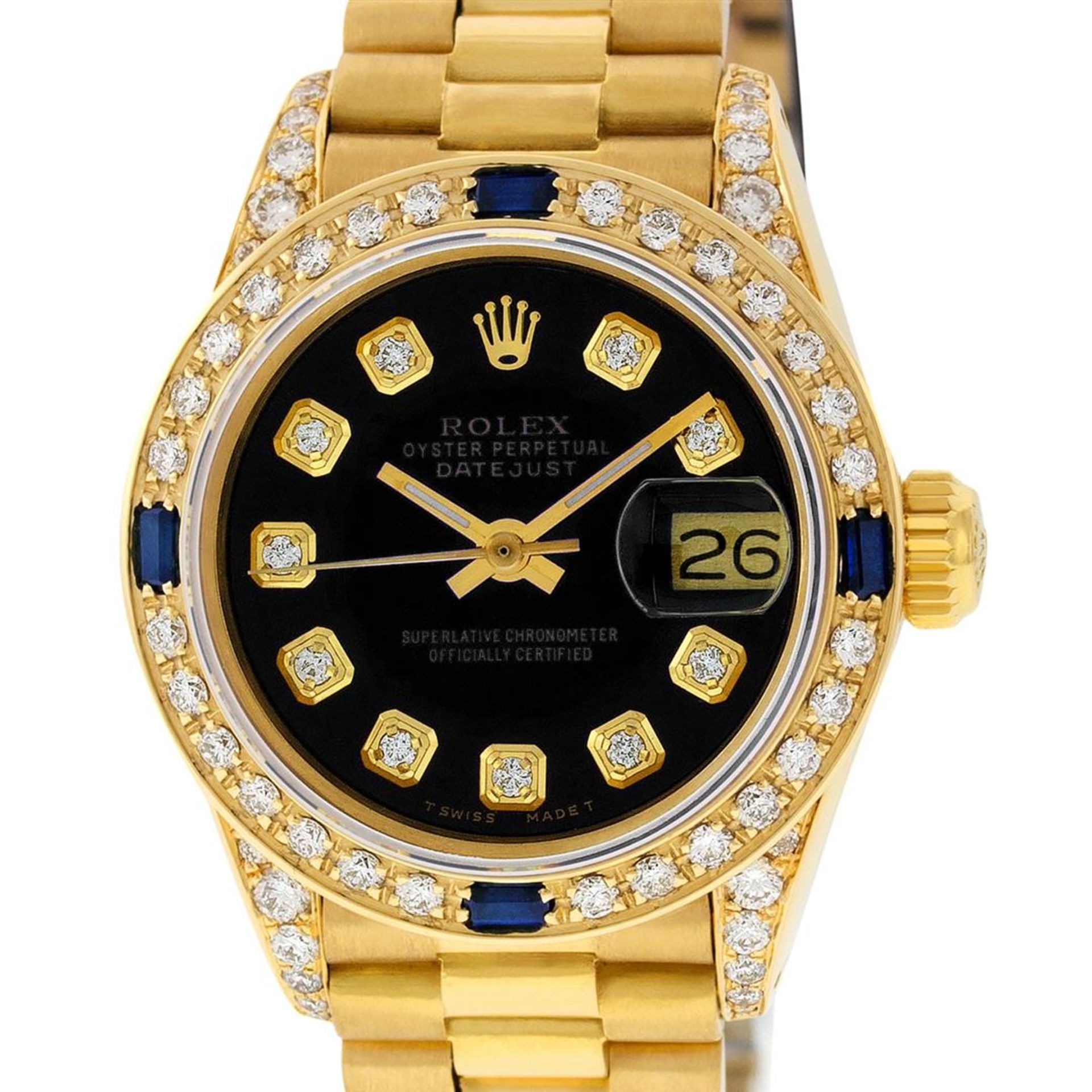 Rolex Ladies 18K Yellow Gold Black Diamond And Sapphire President Wristwatch Wit - Image 5 of 9