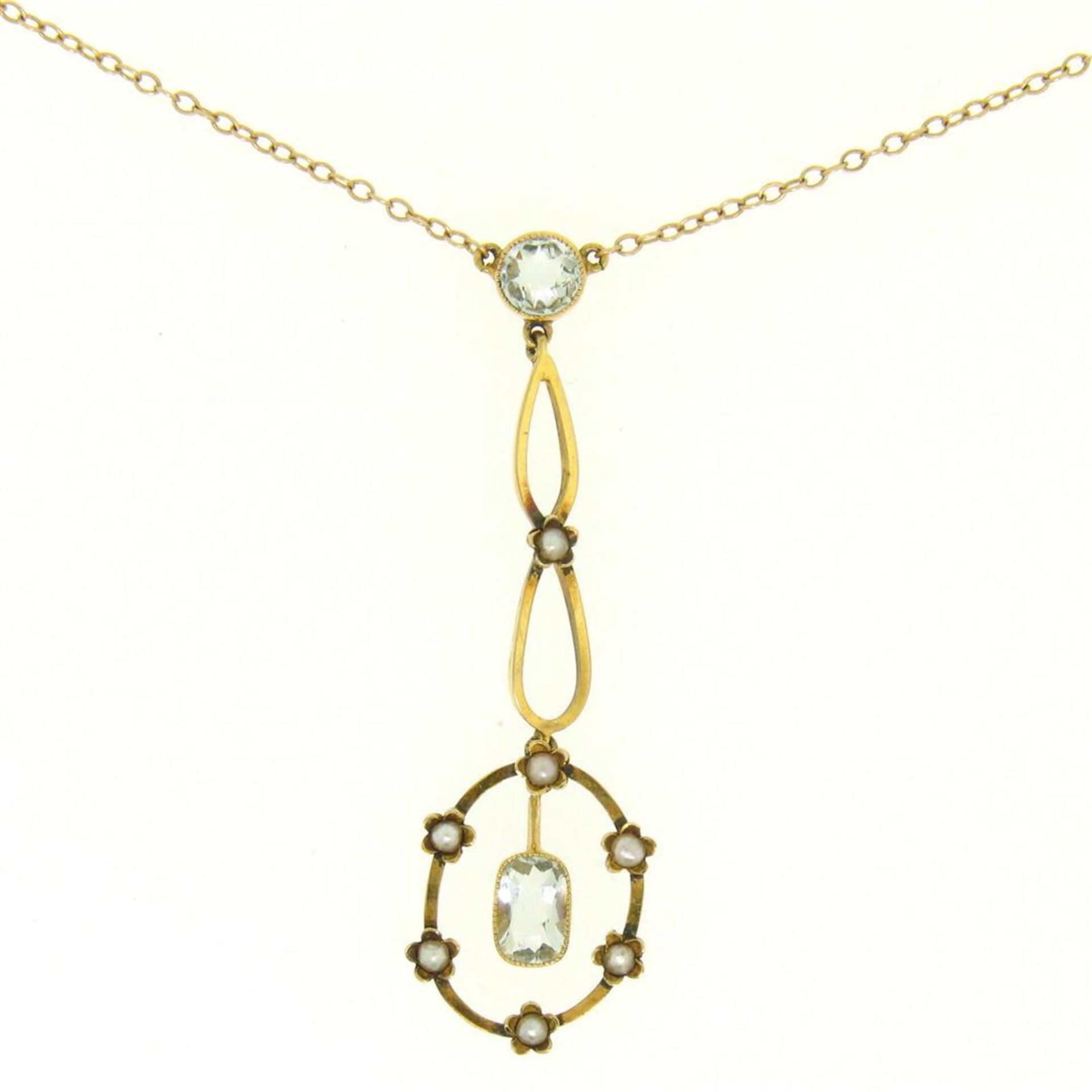 Antique Victorian 10k Yellow Gold Aquamarine Seed Pearl Dangle Pendant Necklace - Image 7 of 9