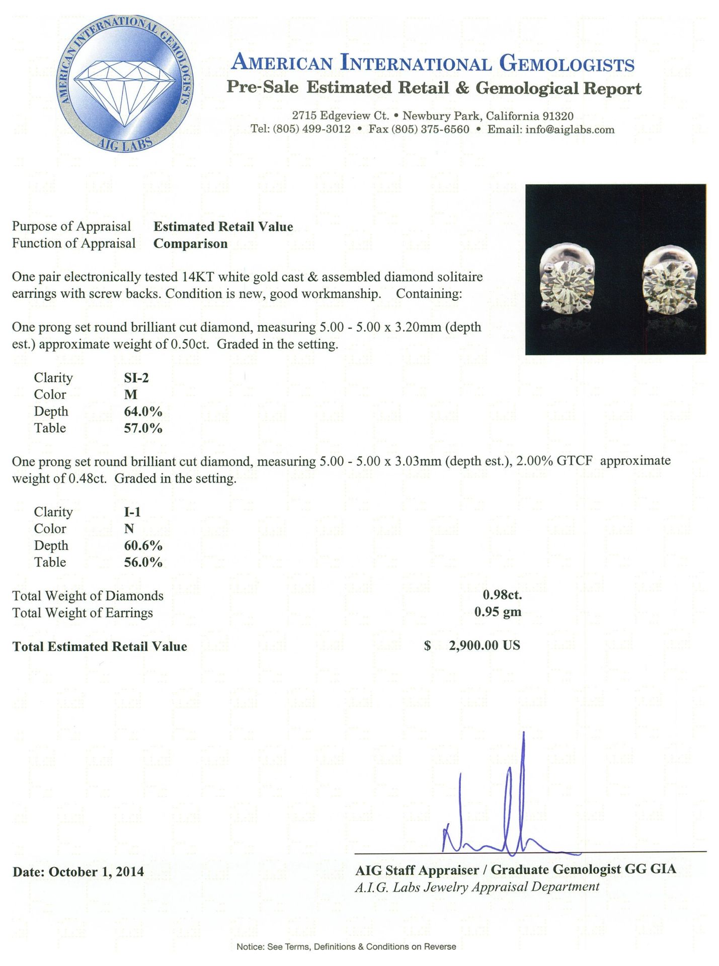 14KT White Gold 0.98 ctw Diamond Solitaire Earrings - Image 3 of 3