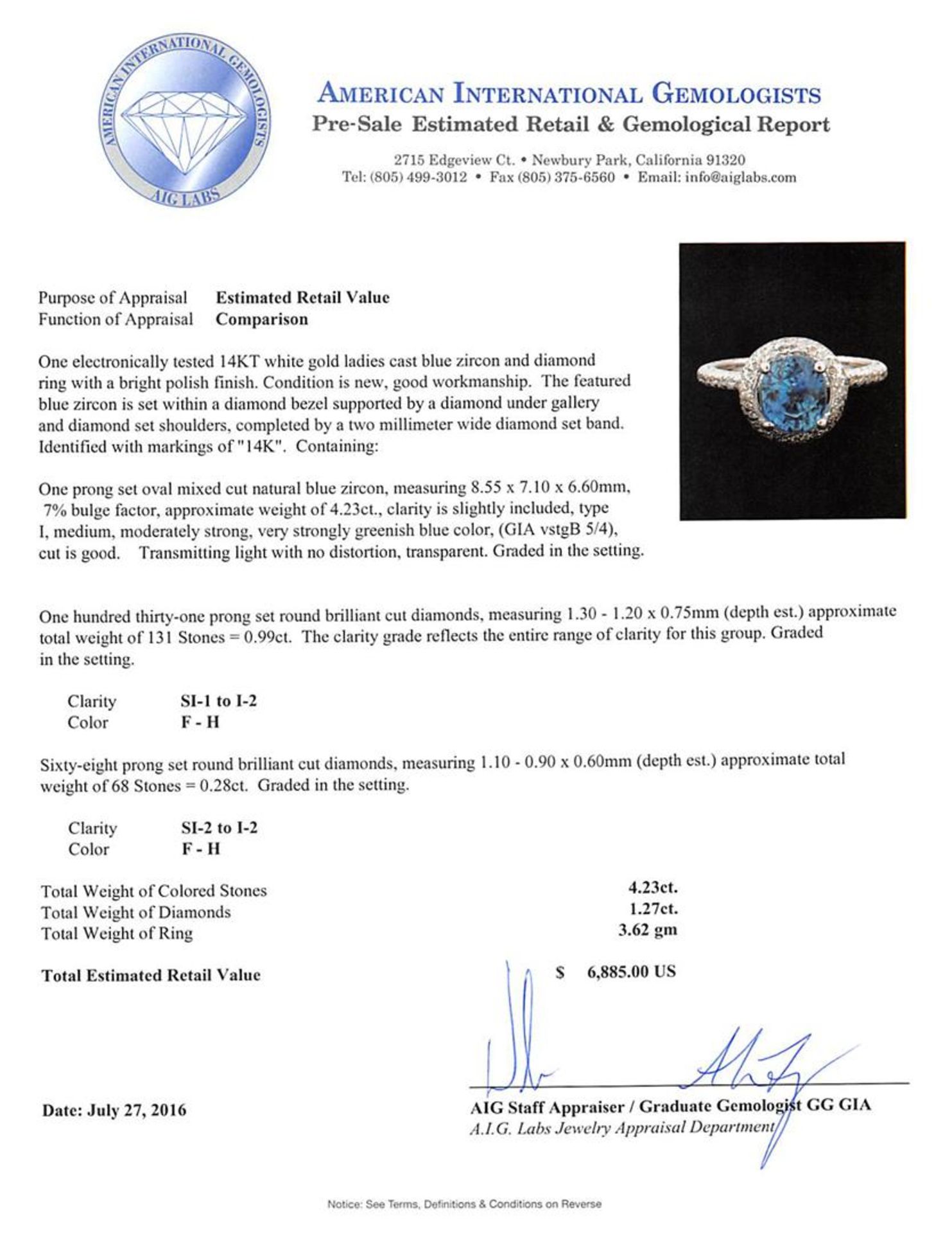 4.23 ctw Blue Zircon and Diamond Ring - 14KT White Gold - Image 5 of 5
