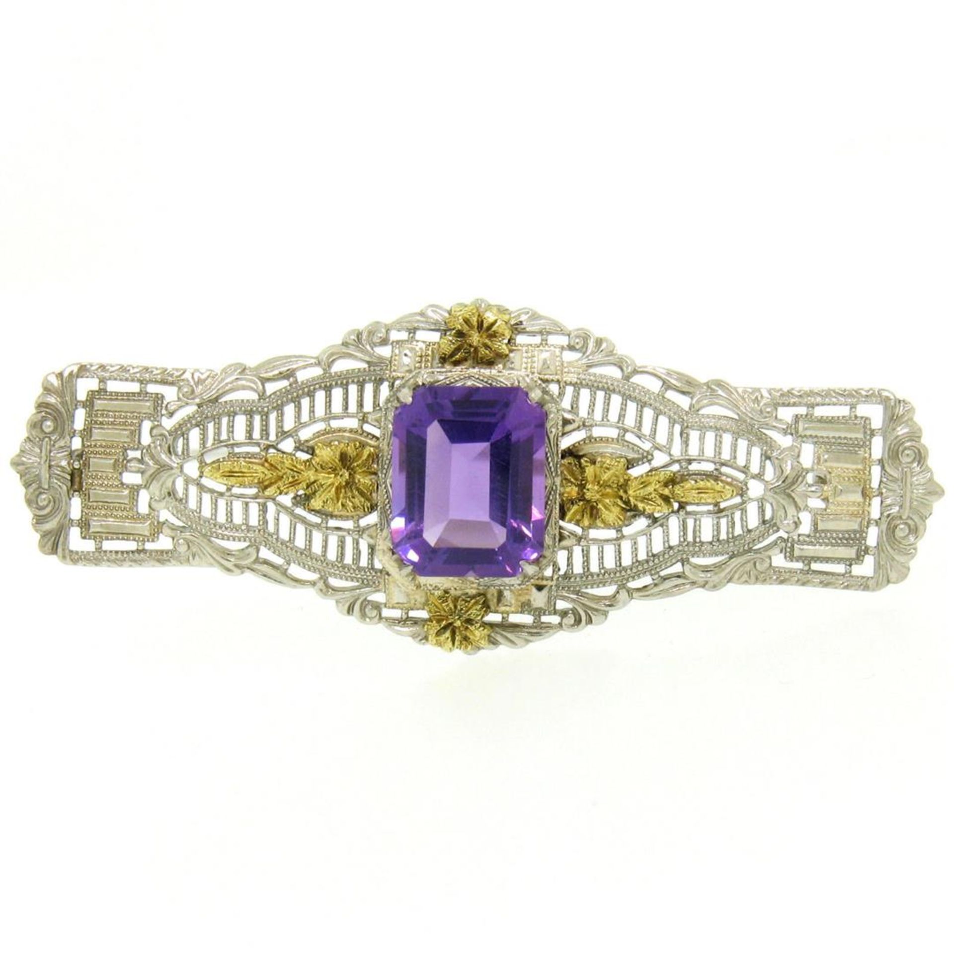 14k White & Green Gold 3.00 ctw Emerald Cut Amethyst Filigree Brooch Pin