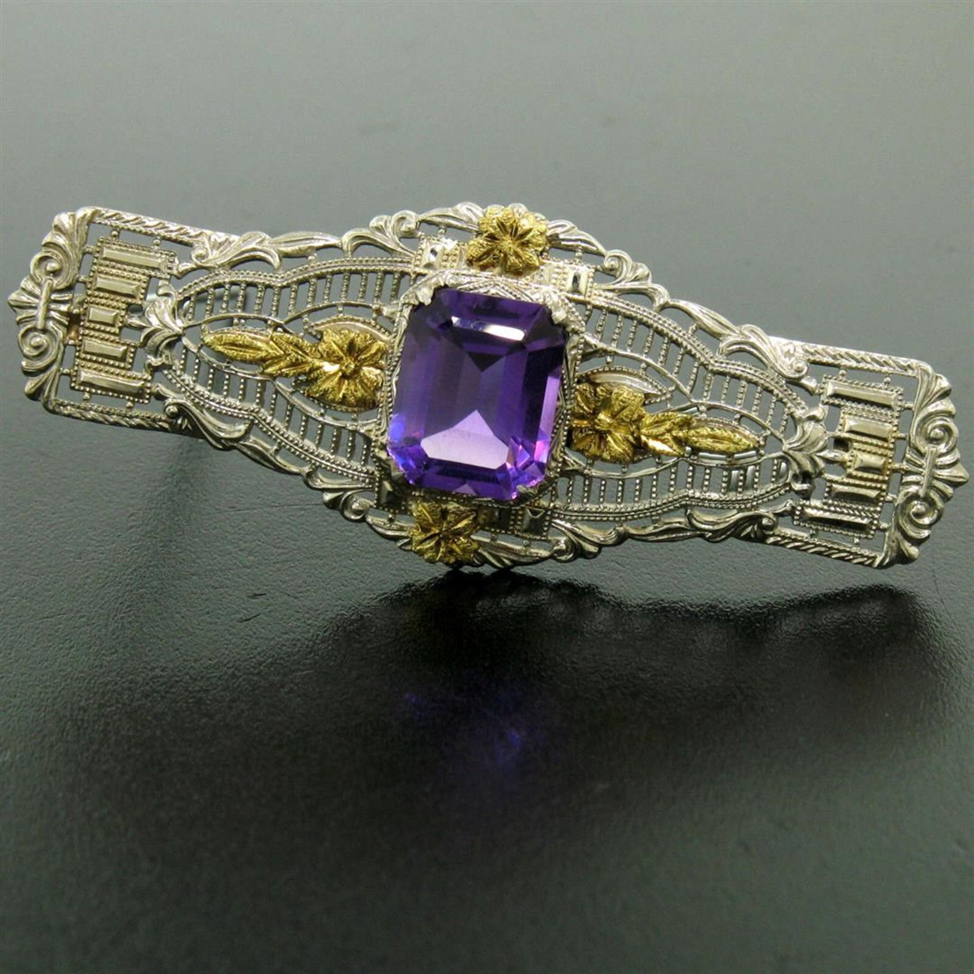 14k White & Green Gold 3.00 ctw Emerald Cut Amethyst Filigree Brooch Pin - Image 2 of 6