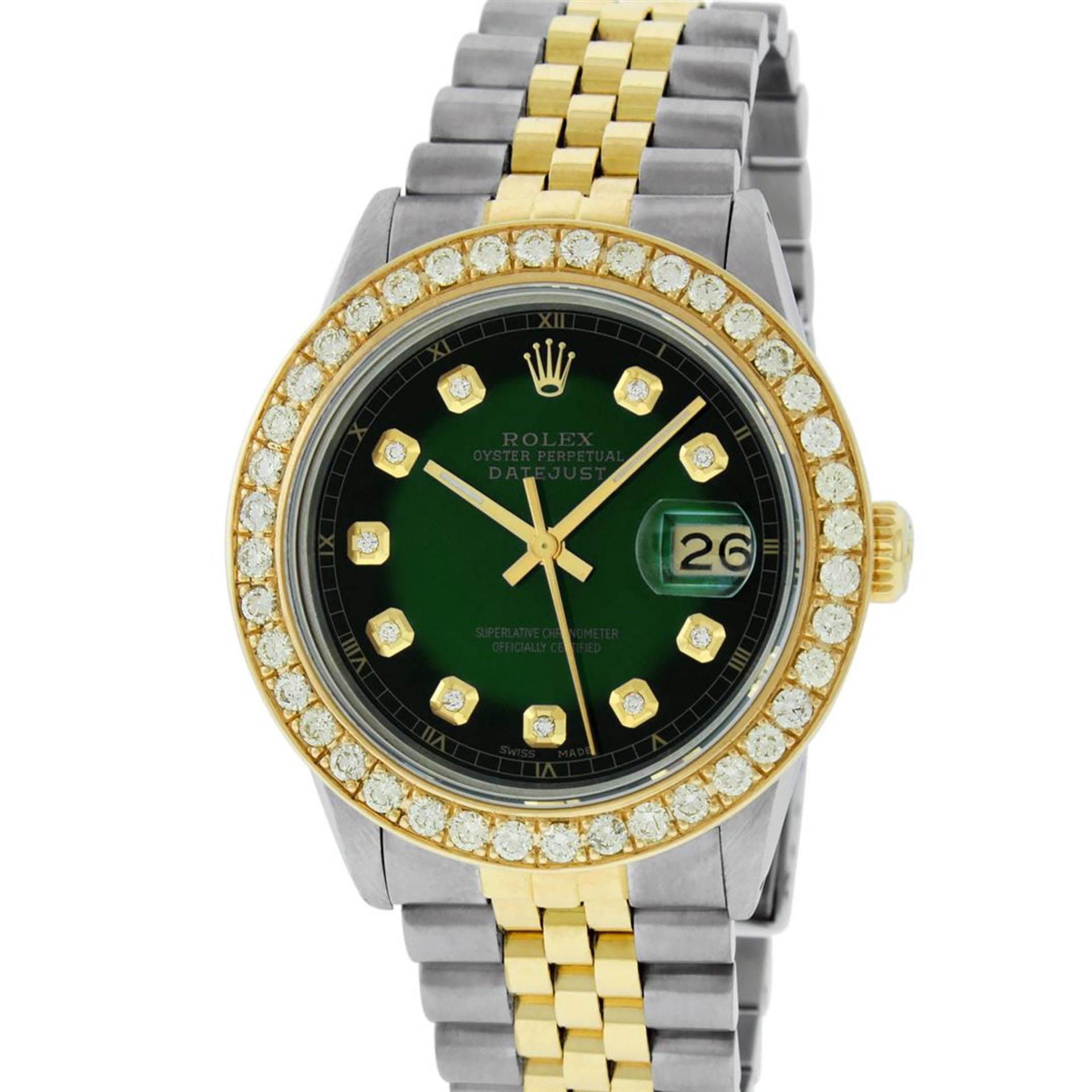 Rolex Mens 2 Tone 18K Green Vignette 2.5 ctw Diamond Datejust Wristwatch 36MM - Image 2 of 9