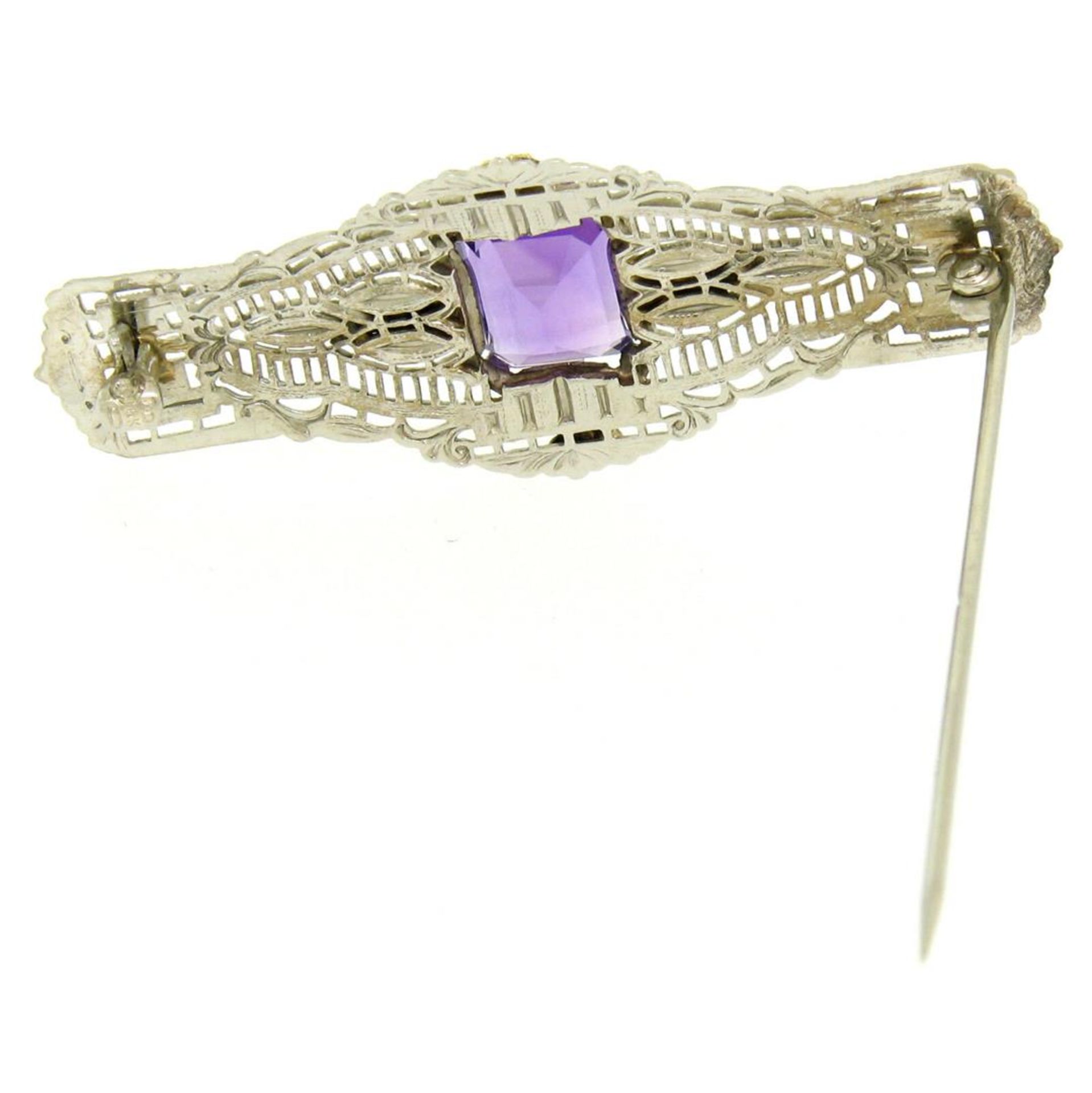 14k White & Green Gold 3.00 ctw Emerald Cut Amethyst Filigree Brooch Pin - Image 3 of 6