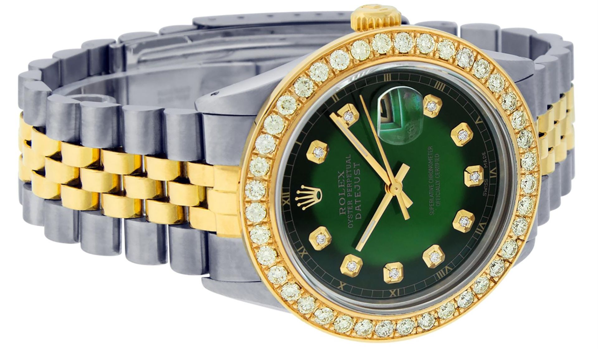 Rolex Mens 2 Tone 18K Green Vignette 2.5 ctw Diamond Datejust Wristwatch 36MM - Image 3 of 9