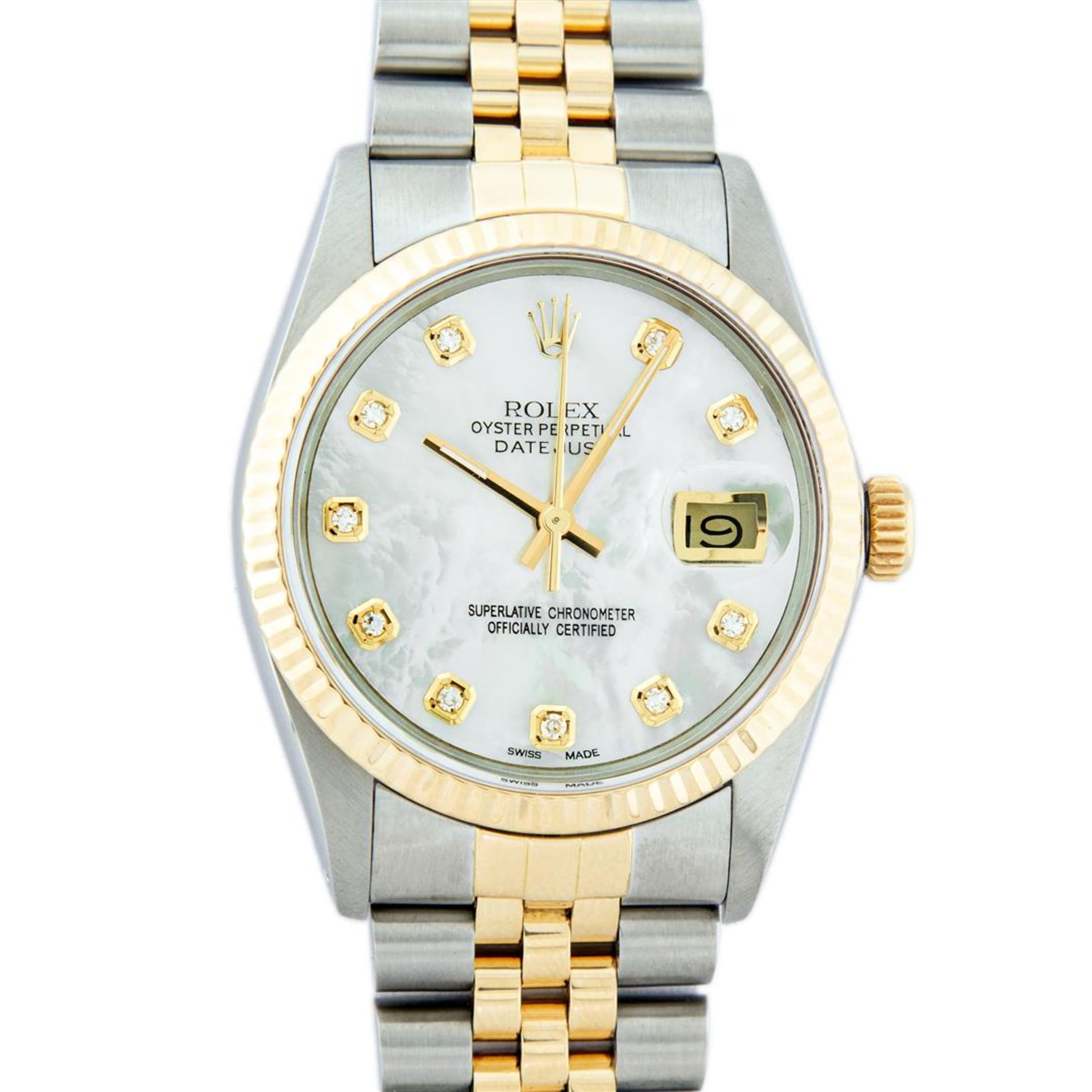 Rolex Mens 2 Tone Mother Of Pearl VS Diamond 36MM Datejust Wristwatch