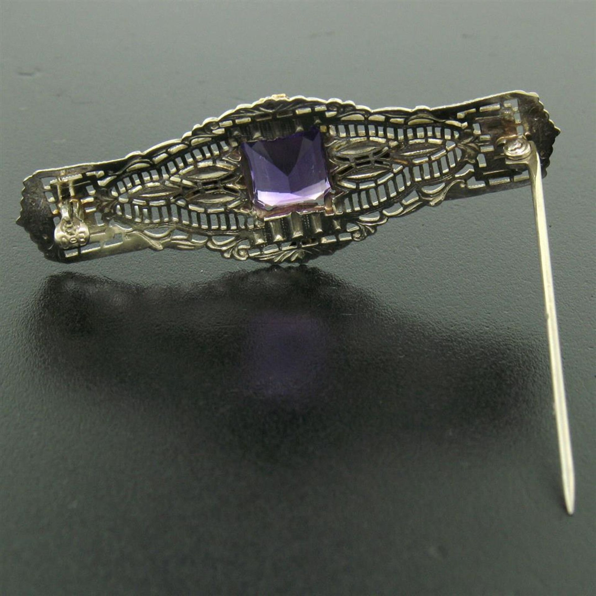 14k White & Green Gold 3.00 ctw Emerald Cut Amethyst Filigree Brooch Pin - Image 4 of 6