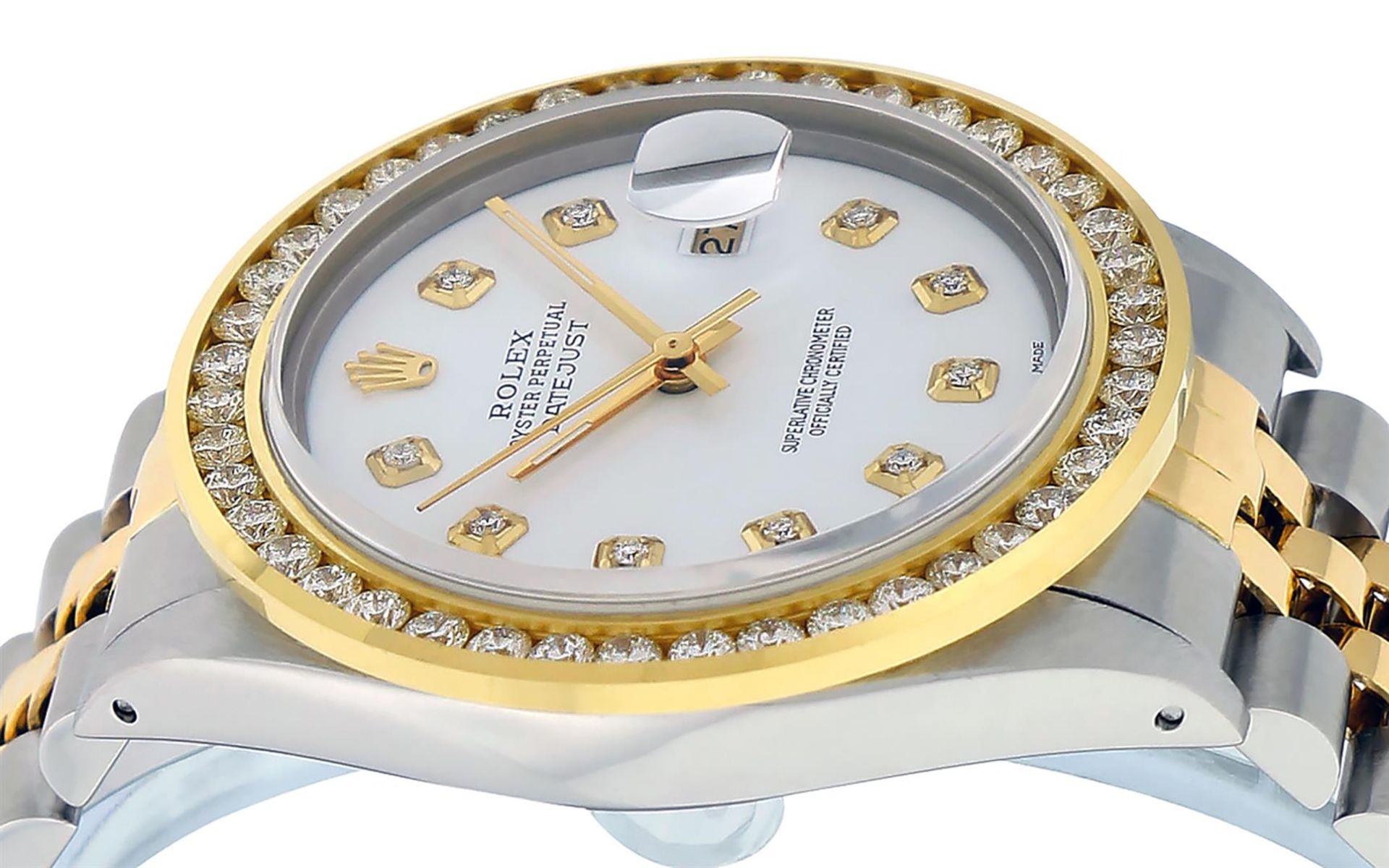 Rolex Mens 2 Tone White Diamond 3 ctw Channel Set Datejust Wriswatch - Image 9 of 9