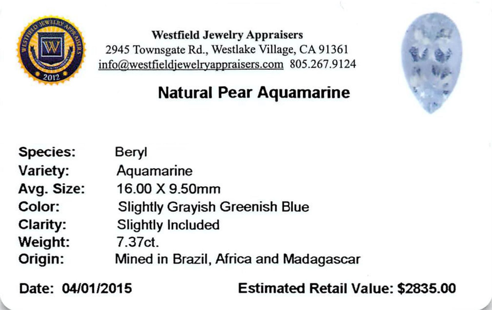 7.37 ctw Pear Aquamarine Parcel - Image 2 of 2