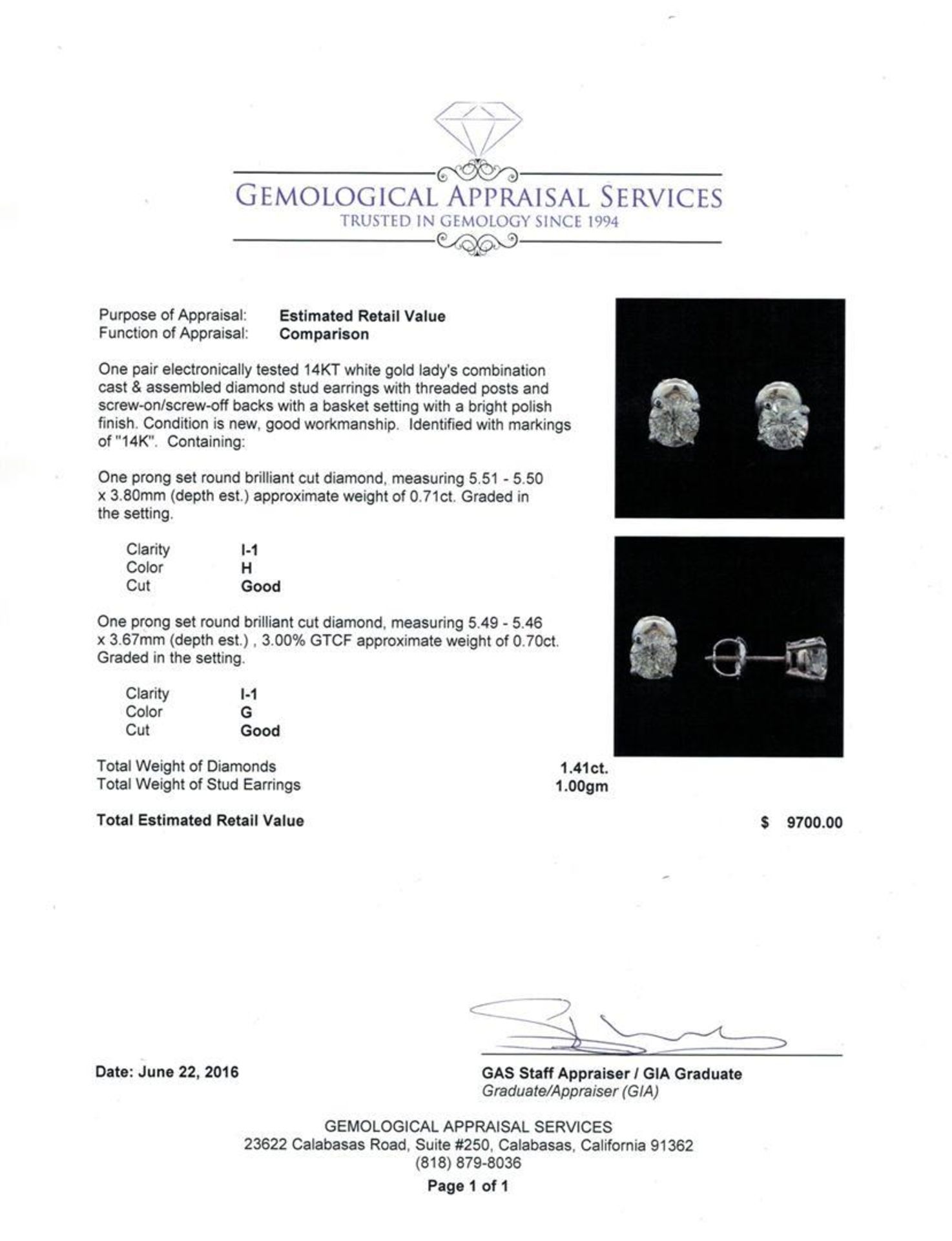 1.41 ctw Diamond Stud Earrings - 14KT White Gold - Image 3 of 3