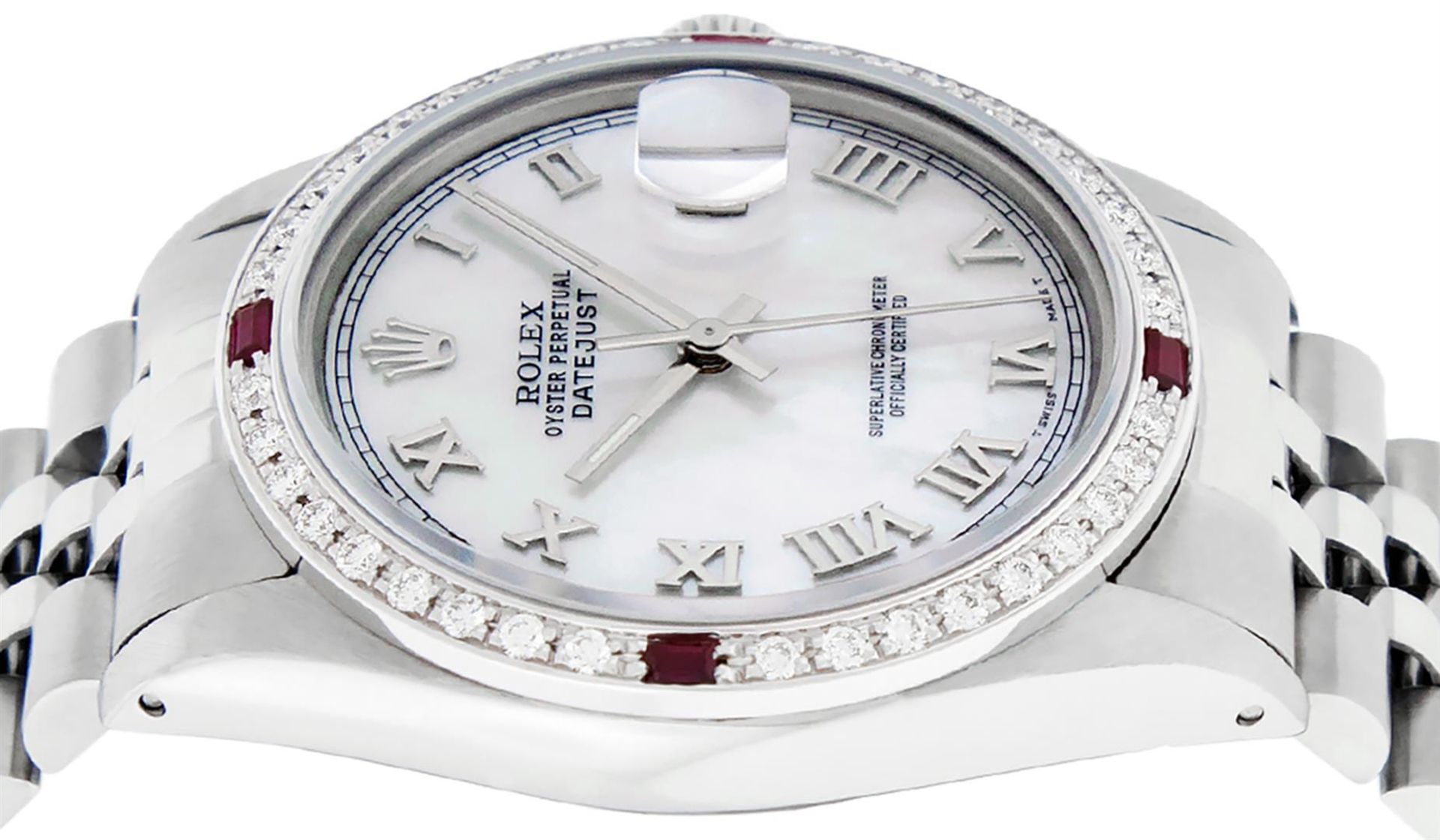 Rolex Mens Stainless Steel Silver MOP Roman 36MM Diamond & Ruby Datejust Wristwa - Image 8 of 9