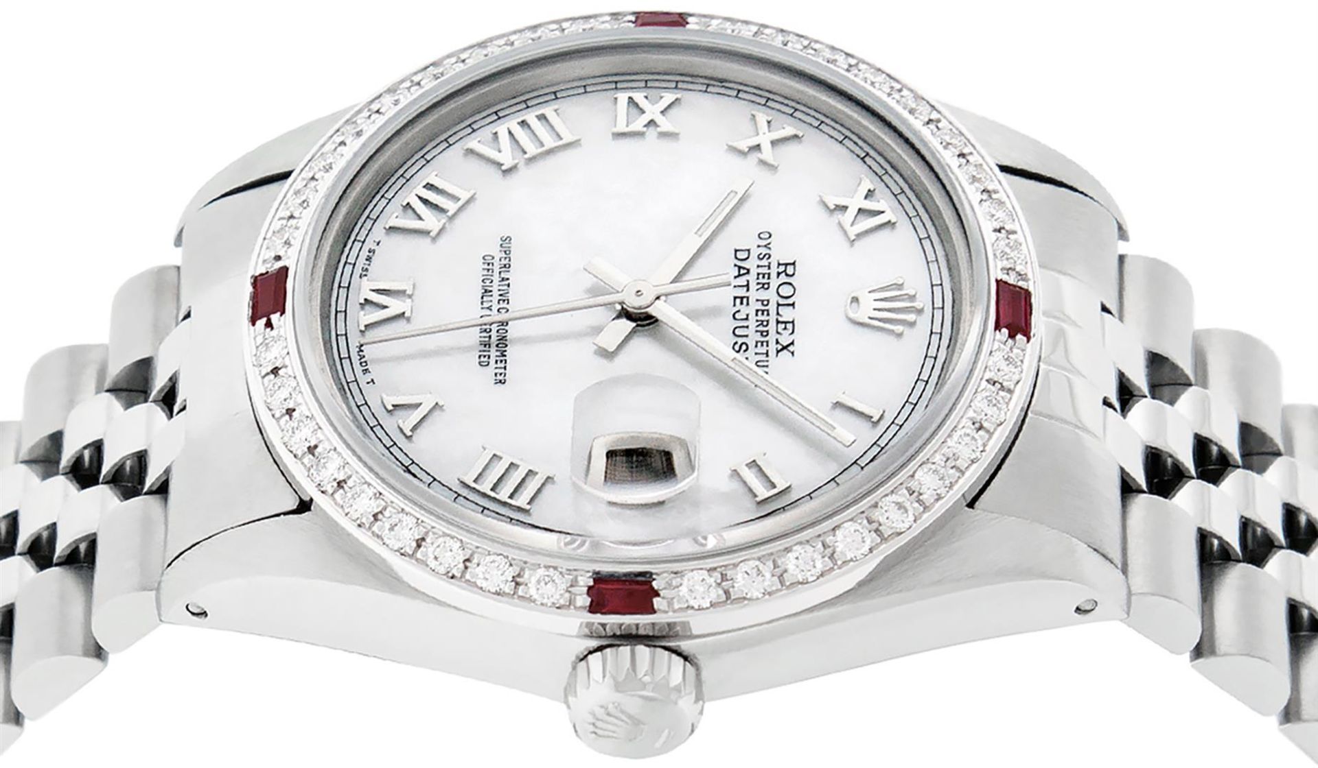 Rolex Mens Stainless Steel Silver MOP Roman 36MM Diamond & Ruby Datejust Wristwa - Image 9 of 9