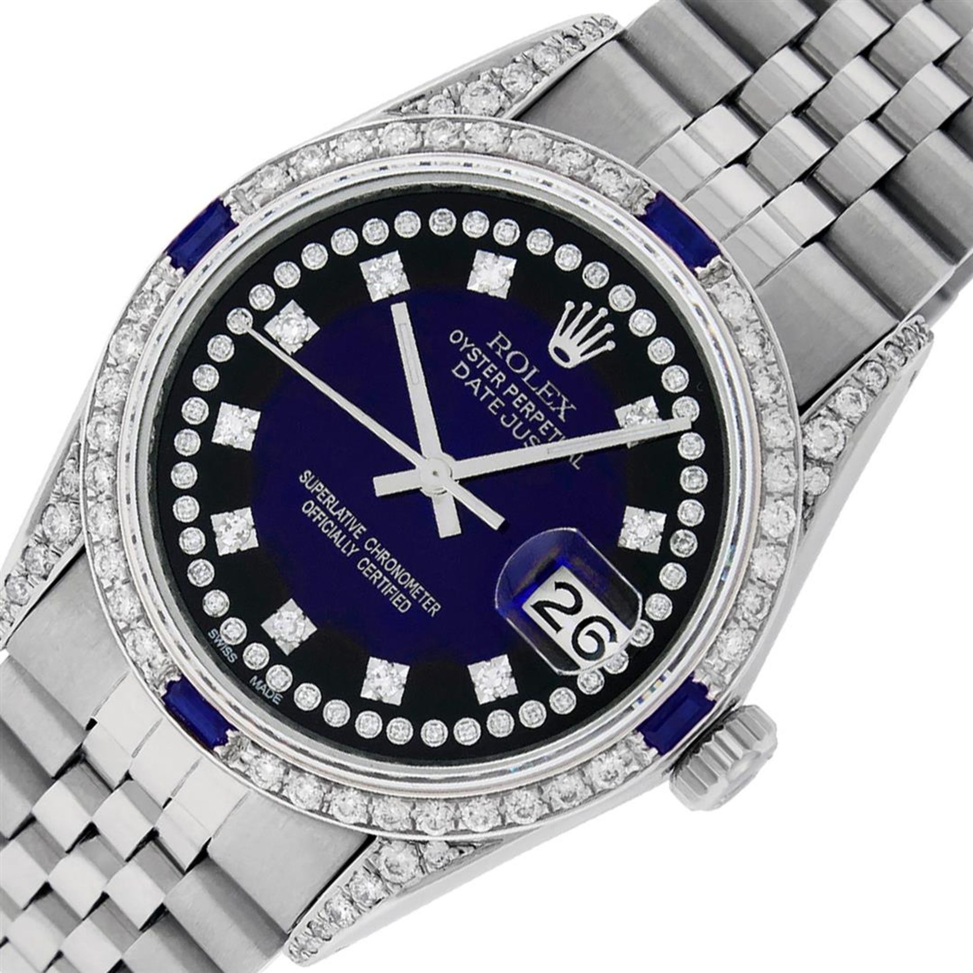 Rolex Mens Stainless Steel Diamond Lugs Blue Vignette & Sapphire Datejust Wristw - Image 7 of 9