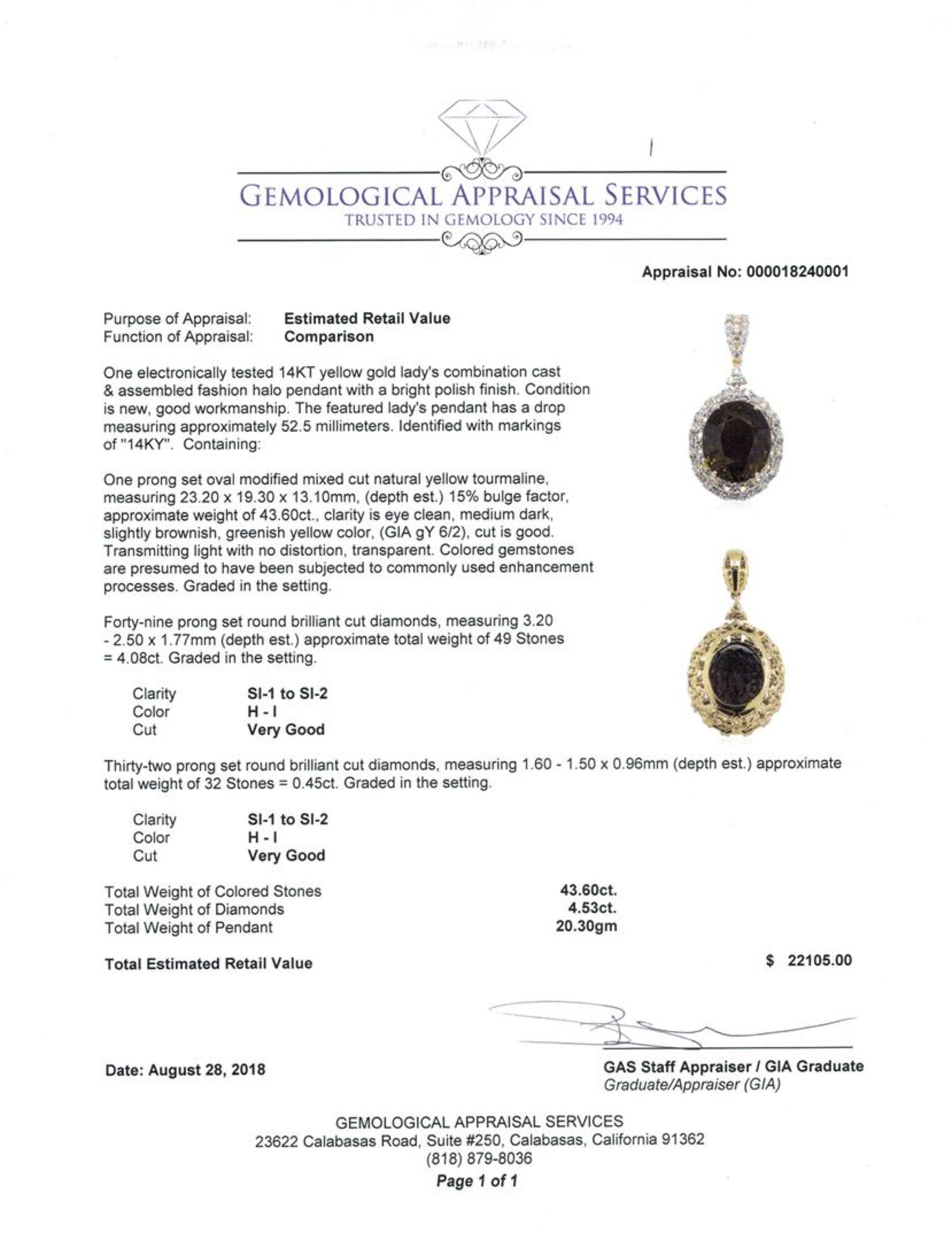 48.13 ctw Oval Mixed Yellow Tourmaline And Round Brilliant Cut Diamond Pendant - - Image 3 of 3