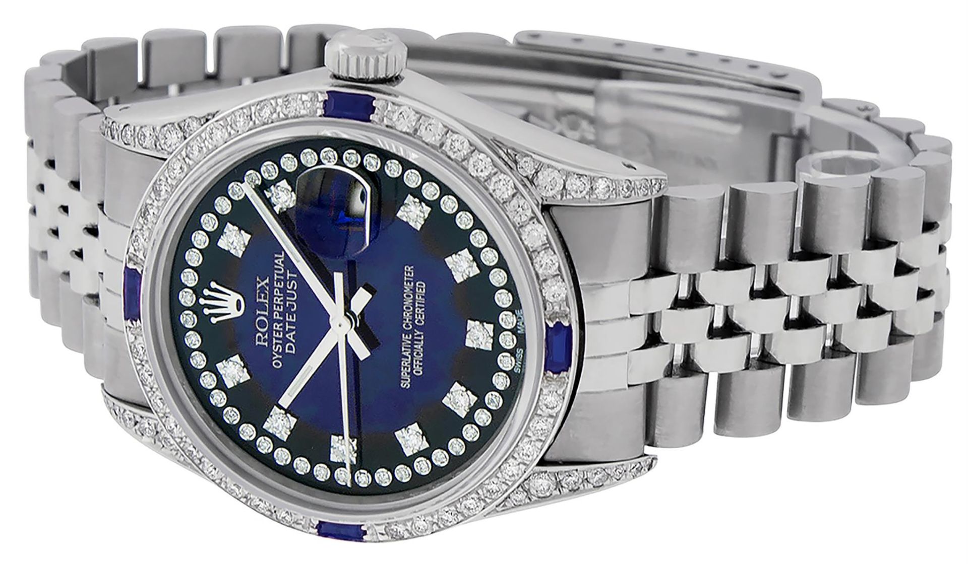 Rolex Mens Stainless Steel Diamond Lugs Blue Vignette & Sapphire Datejust Wristw - Image 3 of 9