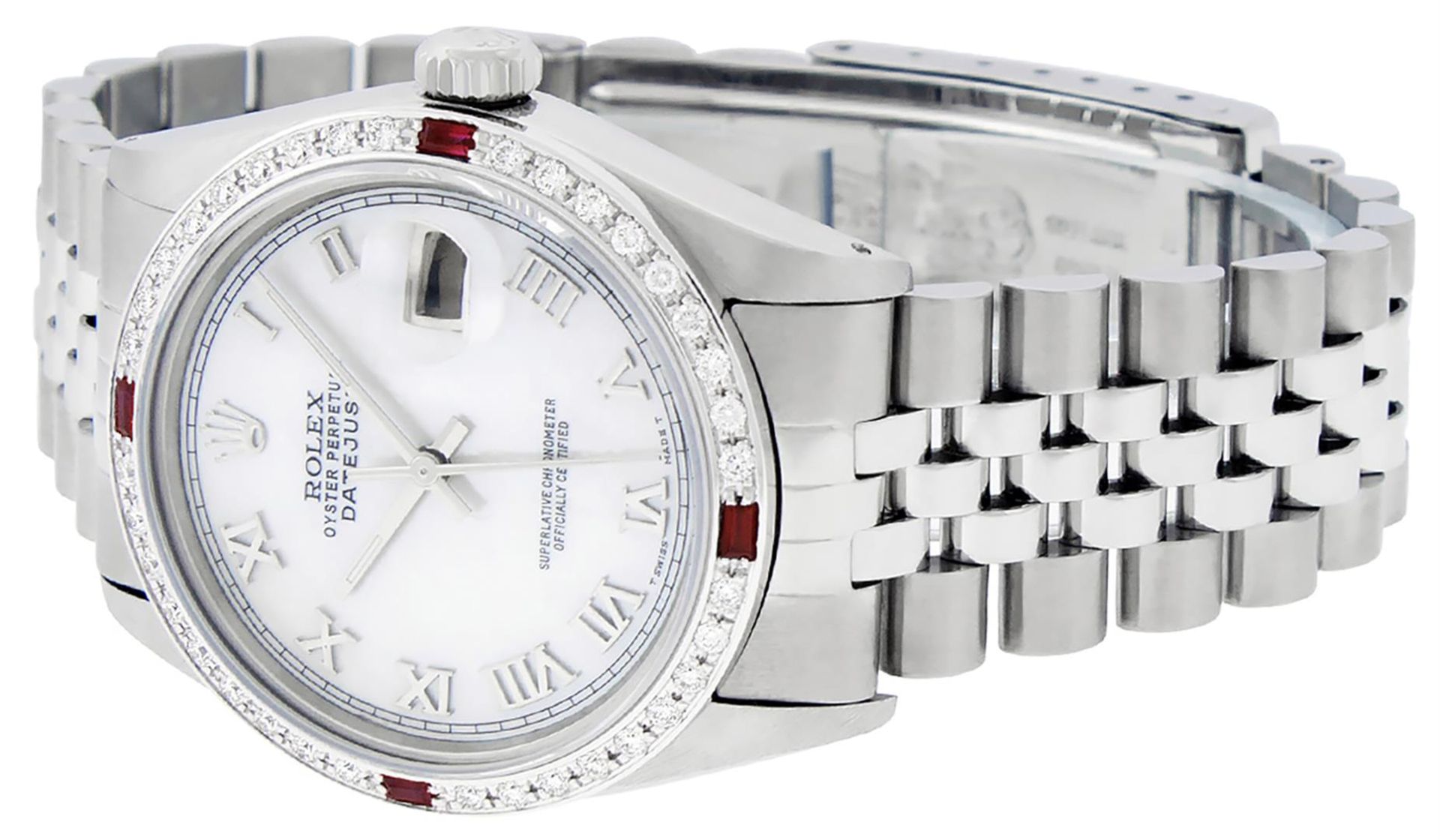 Rolex Mens Stainless Steel Silver MOP Roman 36MM Diamond & Ruby Datejust Wristwa - Image 7 of 9