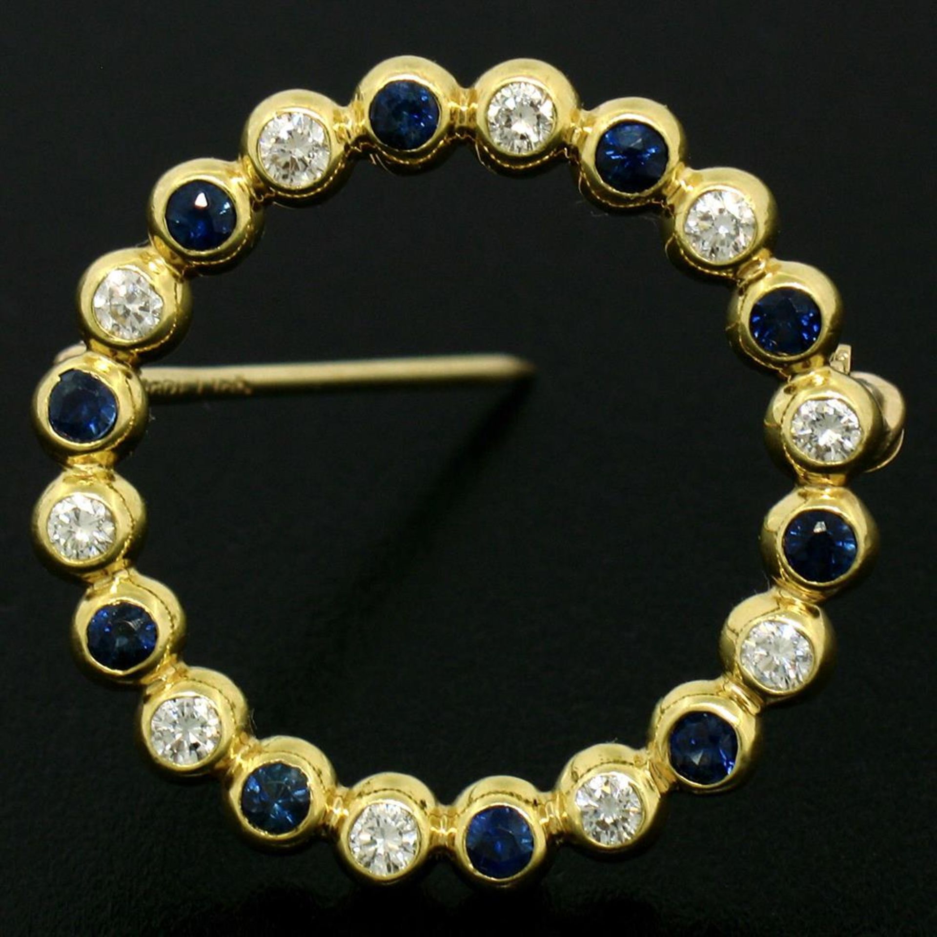 18k Yellow Gold .70 ctw Bezel Round Sapphire & Diamond Circle of Life Pin Brooch - Image 2 of 9